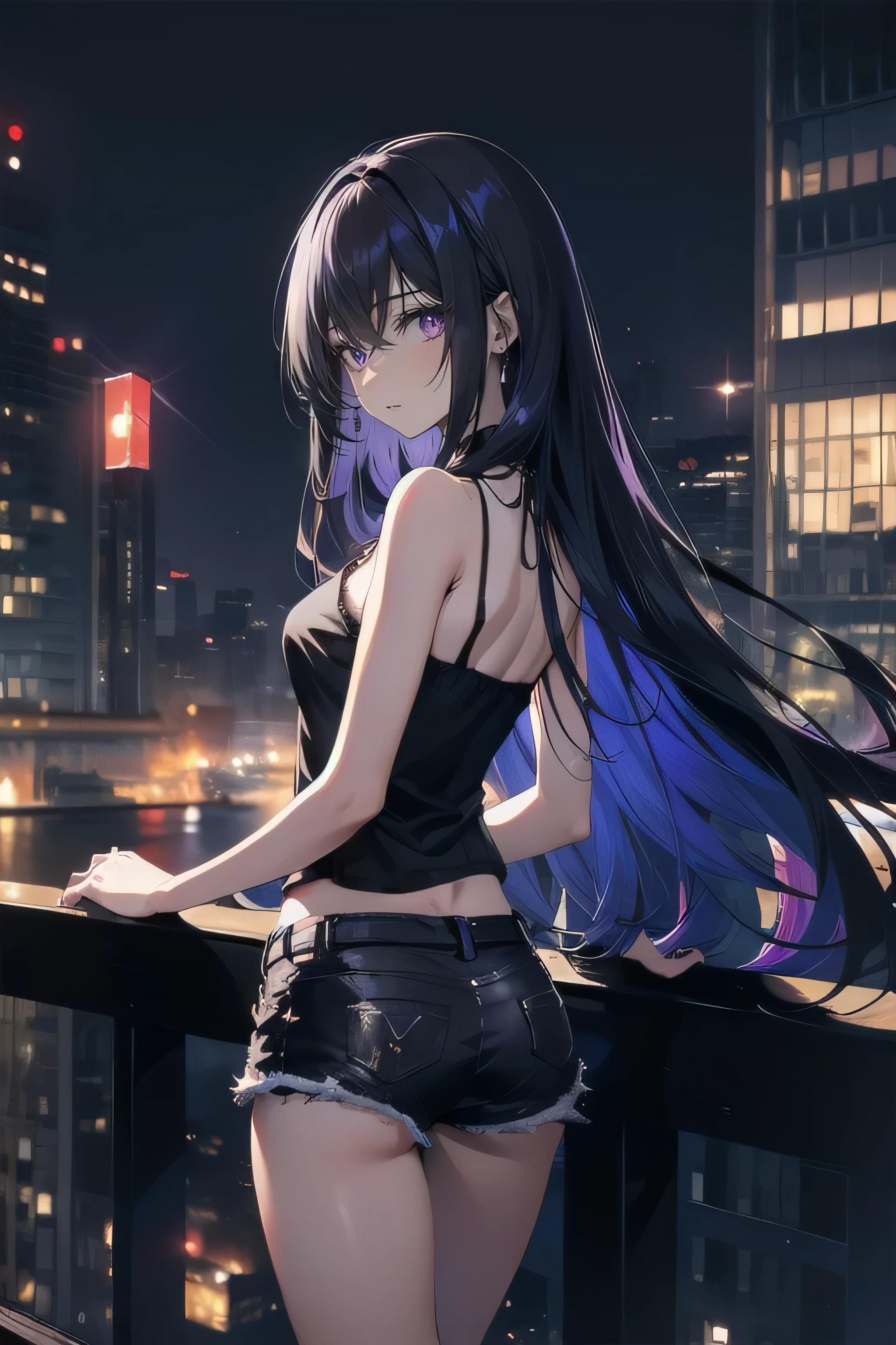 (masterpiece), (best quality), ultra detailed, finely detailed color, cenematic painting, bishoujo, model, ((one lady)), teenager, cute face, black hair, absurdly long hair, straight hair, back view, standing, chocker, ((black camisole)), sleeveless, bare legs, short jeans, slender body, small chest, (violet eyes:1.2), purple eyes, expressionless, urban, rooftop, city, night