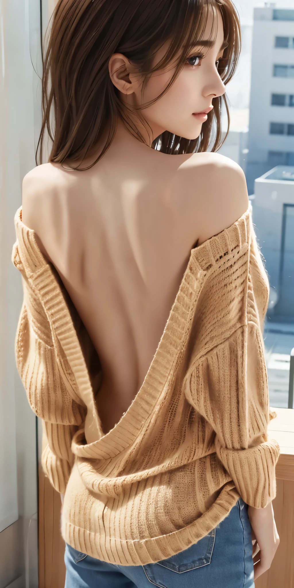 Tabletop, beautiful, 8K, Highest quality, Obsceneな, beautiful face, beautiful表情,, Cowboy Shot, Brown Hair, Large Breasts, thick, (Big Hips),((Showing off her ass))、Big Ass、((Stick your ass out))、Thick thighs, Fuller lips, Cleavage, Large Breasts、(Standing posture)、(((Back view)))、(((turn around)))、Seductive smile, from the front,Lightweight see-through sweater dress, oversized sweater dress, Summer Sweater,Accentuate your breasts、Open Cleavage,((Big Breasts))、Obscene、erotic、Teenage Japanese Girl、Japanese beauty、(((looking at the camera)))、((Sexy pose))、indoor