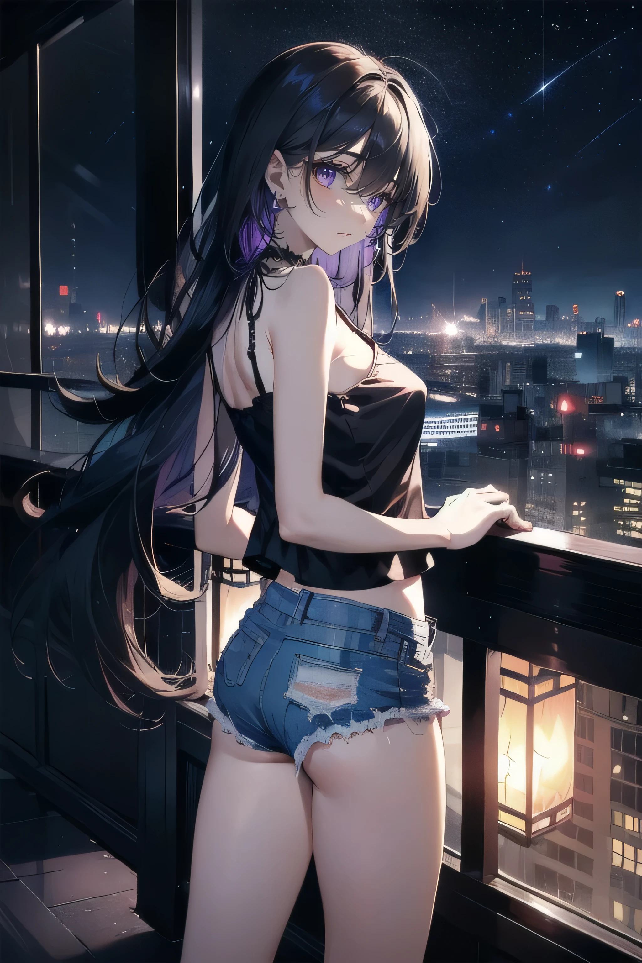 (masterpiece), (best quality), ultra detailed, finely detailed color, cenematic painting, bishoujo, model, ((one lady)), teenager, cute face, black hair, absurdly long hair, straight hair, back view, standing, chocker, ((black camisole)), sleeveless, bare legs, short jeans, slender body, small chest, (violet eyes:1.2), purple eyes, expressionless, urban, rooftop, city, night