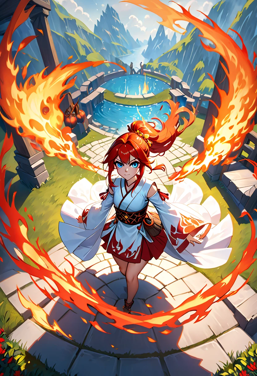  amazing picture of a beautiful white girl,  Framing,  surrounded by flames , dota2 fire girl style, Ghost knife style, Fiery hair,  long red hair, watery blue  big eyes,  Thin Waist,  Wide Hips ,  Wizard's Robe , Magical colors,  World of Warcraft Style , by Blizzard Entertainment, , 8k,  texture of real skin , The best light,  best shadow, Dota2 Lina,  action,  The Wizarding World , overhead view, Small Mouth, small nose,  big eyes,  cute