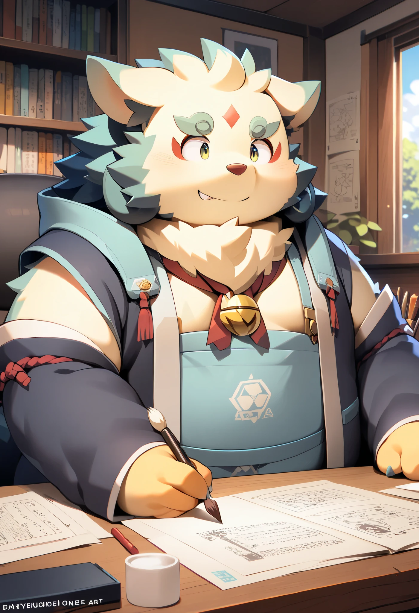 ((masterpiece)),((  High Quality )),furry , kemono , Being overweight、  kemono art  ,  kemono art  ,  boy,  anime style  , 、 colorful 、, It&#39;s cute,  kemono art  、（View paper 、kakizome、 diacritics、Sit at a desk and hold a brush in your hand 、白いone枚の唯oneの紙に黒い大きなoneつの文字を書く(one)）