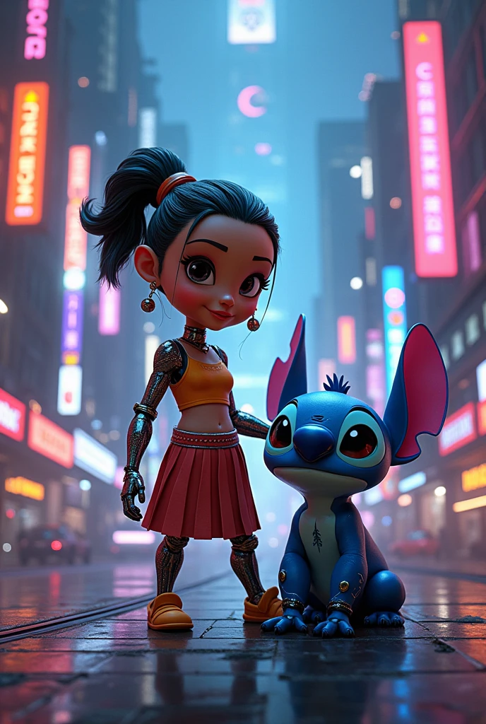 two people [lilo and stich::16] in the style of cyberpunk [,red hawaiian  cyberpunk dress :5][, happy:5]  <lora:cyberpunk_xl_v1:1> [, cyborg, android, Automatism:10][,Ismail Inceoglu:10][,kanji :8][, glow sticks:8][, black hair:10][,large fangs on stitch:15][, black eyes:10]