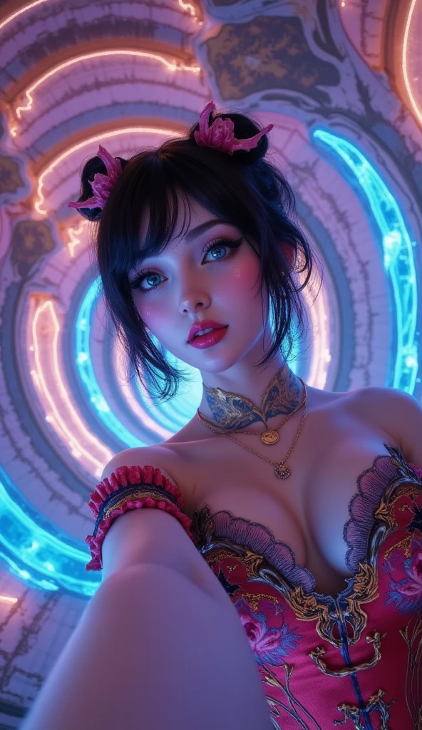 a fantasy endless colorful abstract corridor, intricate winding pathways, never ending path, corridor going to infinity, glowing multicolored lights, ethereal landscape, mesmerizing architecture, ornate details, 1girl, beautiful detailed eyes, beautiful detailed lips, extremely detailed eyes and face, long eyelashes, elegant colorful fantasy dress, making selfie with endless corridor in background ,  dramatic lighting, cinematic atmosphere, dreamlike environment, vibrant colors, highly detailed, photorealistic, 8k, award winning digital art, mad-nbla, Anie, Selfie, (SFW)