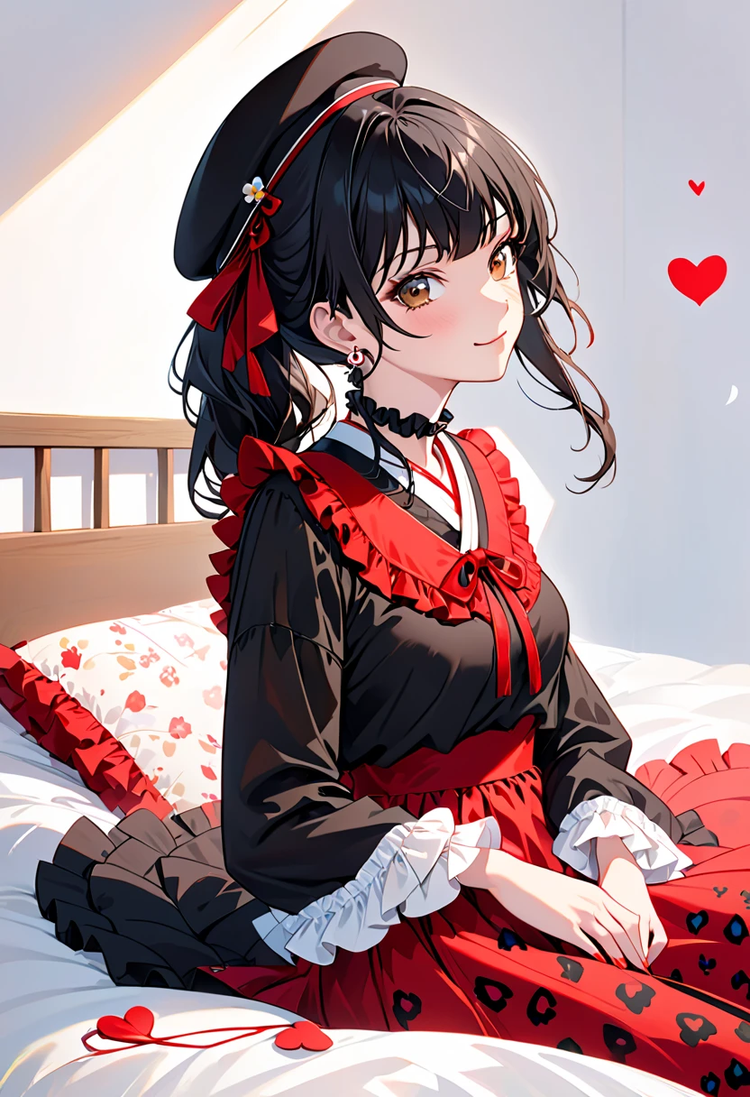  mayuzumi fuyuko ,  from the side 1 girl , Alone,  black hair,  on my bed,   jewelry,  long hair,  is looking, bangs,  earrings,  skirt ,  white background, smile,  shirt,  simple background, heart  earrings,   long sleeve  , heart,  black headwear , black  shirt, frilled  choker , chest,  brown eyes,  choker , blunt bangs,  upper body, beret, medium chest, brown  skirt , frills,  Nail Polish, ribbon, Red nails,  Closed Her Mouth , Animal print, , frilled sleeves, leopard print, neck ribbon,  put your hands together