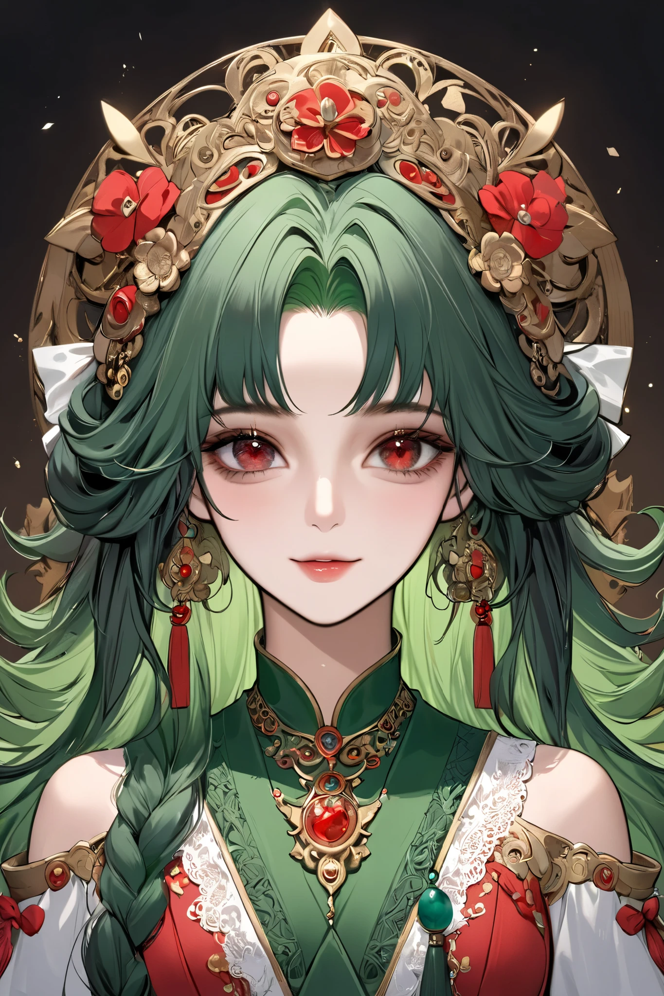 (extreamly delicate and beautiful:1.2), 8K,(masterpiece:1.0),(best_quality:1.0), 1 girl, and intricate detailing, Enlarged textures, and intricate detailing, finely eye and detailed face, and intricate detailing, green long curl hair, (sweet smiley), Perfect eyes, Equal eyes, red eyes (A famale god) with yunani dress, look at camera, green long HAIR, Red EYES, green long curl HAIR, red EYES, half body, with yunani dress