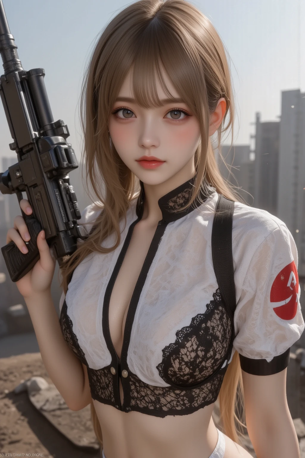 ((Highest quality)), ((masterpiece)), (detailed), high ponytail, ((bionde)), Beautiful girl, Cute Eyes, Green eyes, False eyelashes, (((Watery eye))), (Blushed:1.3), white skin, (soldier:1.4), holding gas mask, ((Bulge)), RPG-7, outside, raining, crowded city, fog, evening, neon sign,((Highest quality)), ((masterpiece)), (detailed), (french braid blonde), (Erect penis:1.5), ((Massive ejaculation:1.3)), romantic low bun, ((small breasts)), Are thin, (open clotch panty:1.42), ((Blushed:1.3)), shame, Confused expression, Big earrings、Shiny skin、Thin eyebrows、((tears:1.1))、A soft light is pouring in,