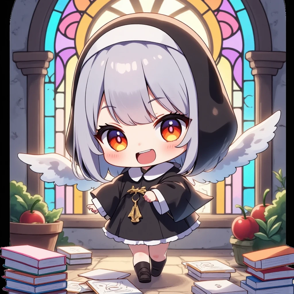 Anyway, a cute chibi nun character, , big head, working hard, lively expression, nun uniform, walking back and forth in front of stained glass, cute and funny illustration,  ultra detailed, absolutely resolution, masterpiece