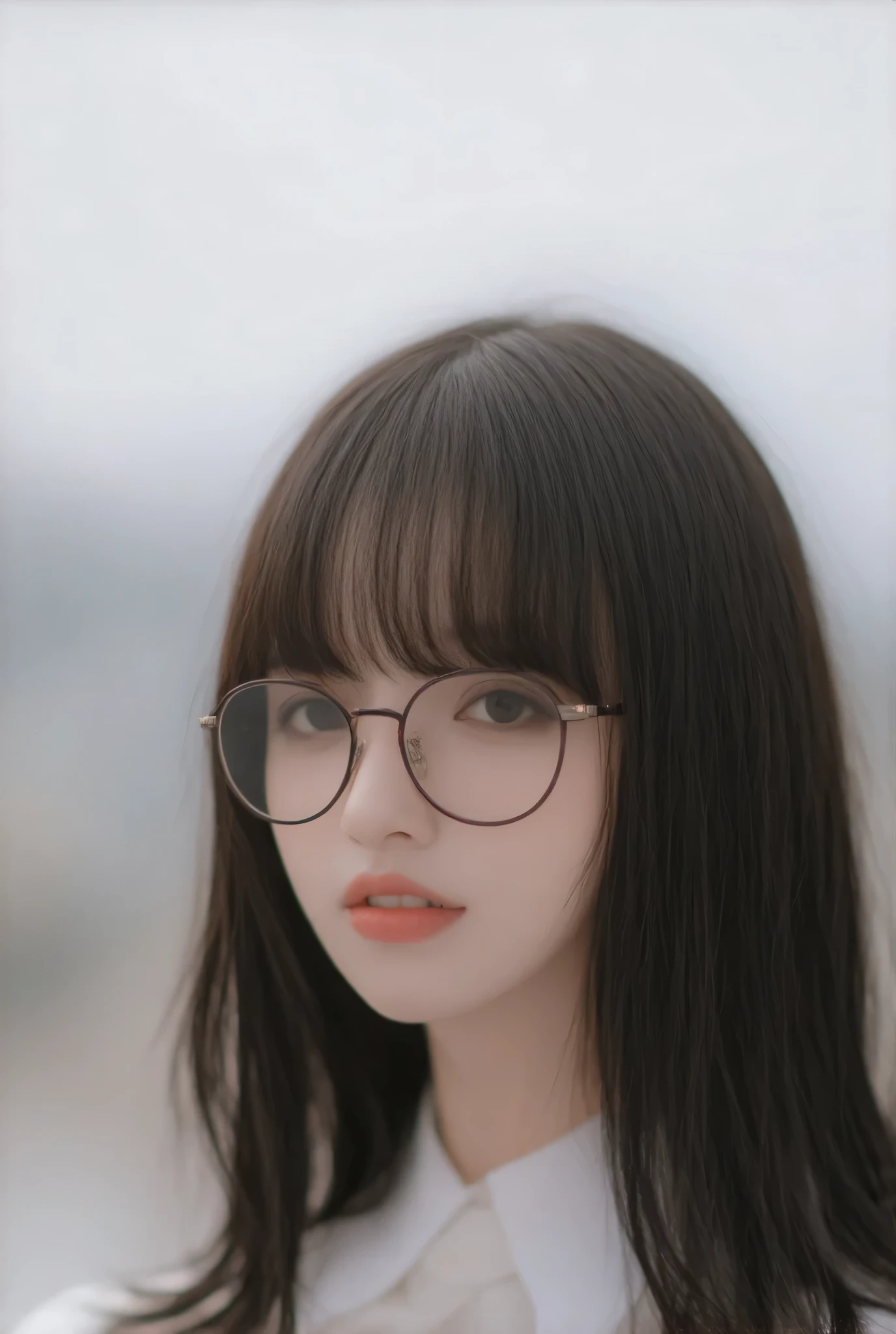 Create a hyper-realistic portrait of a young woman with delicate features. She has long, slightly tousled dark hair with soft waves, and her bangs frame her face. The woman is wearing stylish round glasses that enhance her expressive, large eyes. Her skin is porcelain smooth with a natural, subtle blush on her cheeks.

She is dressed in a modern, high-tech outfit with a high collar that has a slight sheen, combining elegance with an urban edge. The background should be a soft blur that suggests a rainy urban environment, creating a moody atmosphere. Include light reflections and drops of water to emphasize the setting. Capture the woman's contemplative expression, giving a hint of curiosity and introspection