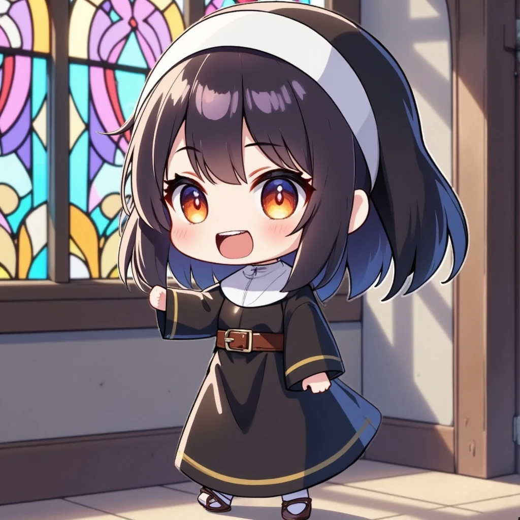 Anyway, a cute chibi nun character, , big head, working hard, lively expression, nun uniform, walking back and forth in front of stained glass, cute and funny illustration,  ultra detailed, absolutely resolution, masterpiece