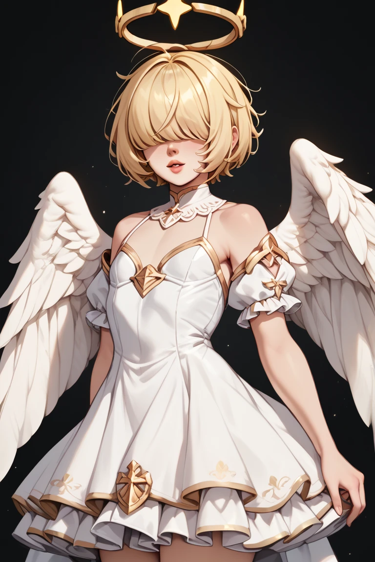 1 femboy angel, short blonde hair, bangs over eyes, little white wings, small breasts, golden halo, light white dress, rpg dungeon