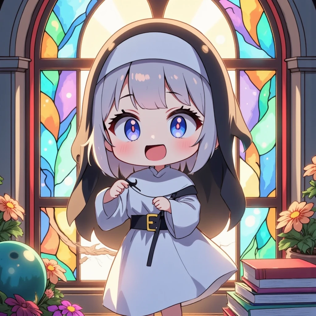 Anyway, a cute chibi nun character, , big head, working hard, lively expression, nun uniform, walking back and forth in front of stained glass, cute and funny illustration,  ultra detailed, absolutely resolution, masterpiece