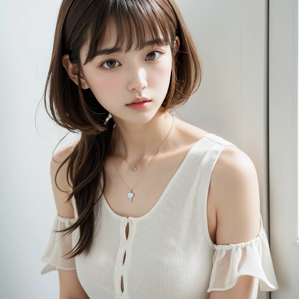  close up of a brown haired woman wearing a white shirt,  layered cut 、Above the chest - long hair ,   Medium length hair  , Curtain bang,  medium haired, with  short hair,  princess cut ,  Shoulder-length hair , 白 princess cut の髪型,   Korean symmetrical face  ,  short～ medium haired, Shoulder strap,   close up of neat hairstyle with bangs 、White wall、  in front of a white door 、((窓のあるWhite wallの部屋))、Mister...々 temporarily stop 、 simple necklace 、Don&#39;Don&#39;Don&#39;Don&#39; not looking at the camera 