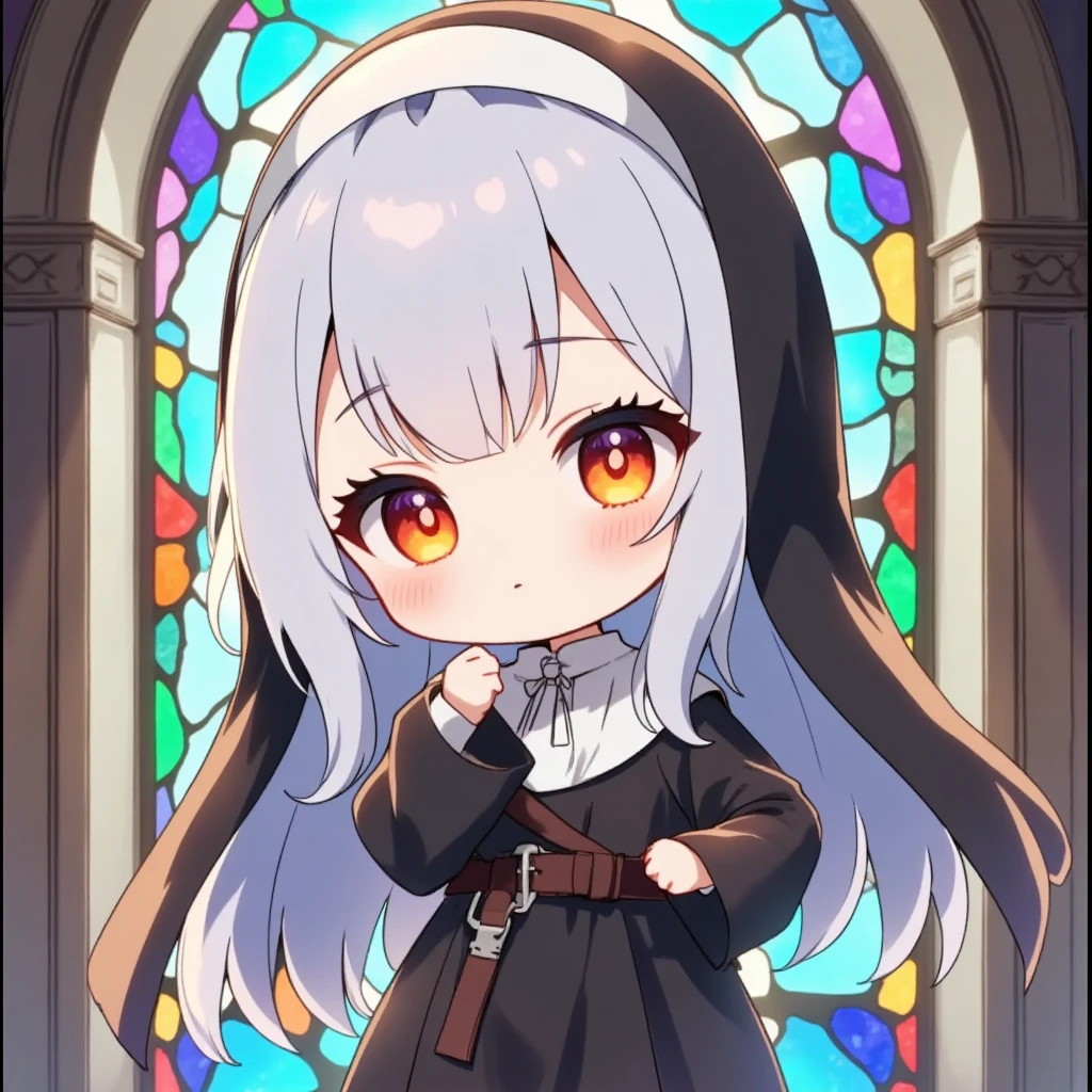 Anyway, a cute chibi nun character, , big head, working hard, lively expression, nun uniform, walking back and forth in front of stained glass, cute and funny illustration,  ultra detailed, absolutely resolution, masterpiece