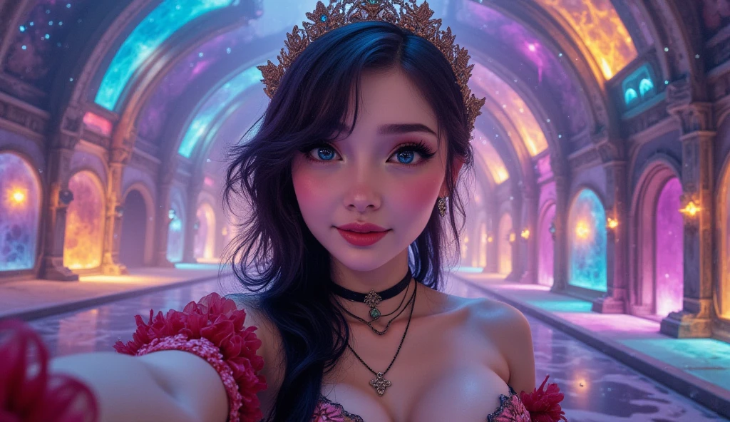 a fantasy endless colorful abstract corridor, intricate winding pathways, never ending path, corridor going to infinity, glowing multicolored lights, ethereal landscape, mesmerizing architecture, ornate details, 1girl, beautiful detailed eyes, beautiful detailed lips, extremely detailed eyes and face, long eyelashes, elegant colorful fantasy dress, making selfie with endless corridor in background ,  dramatic lighting, cinematic atmosphere, dreamlike environment, vibrant colors, highly detailed, photorealistic, 8k, award winning digital art, mad-nbla, Anie, Selfie, (SFW)