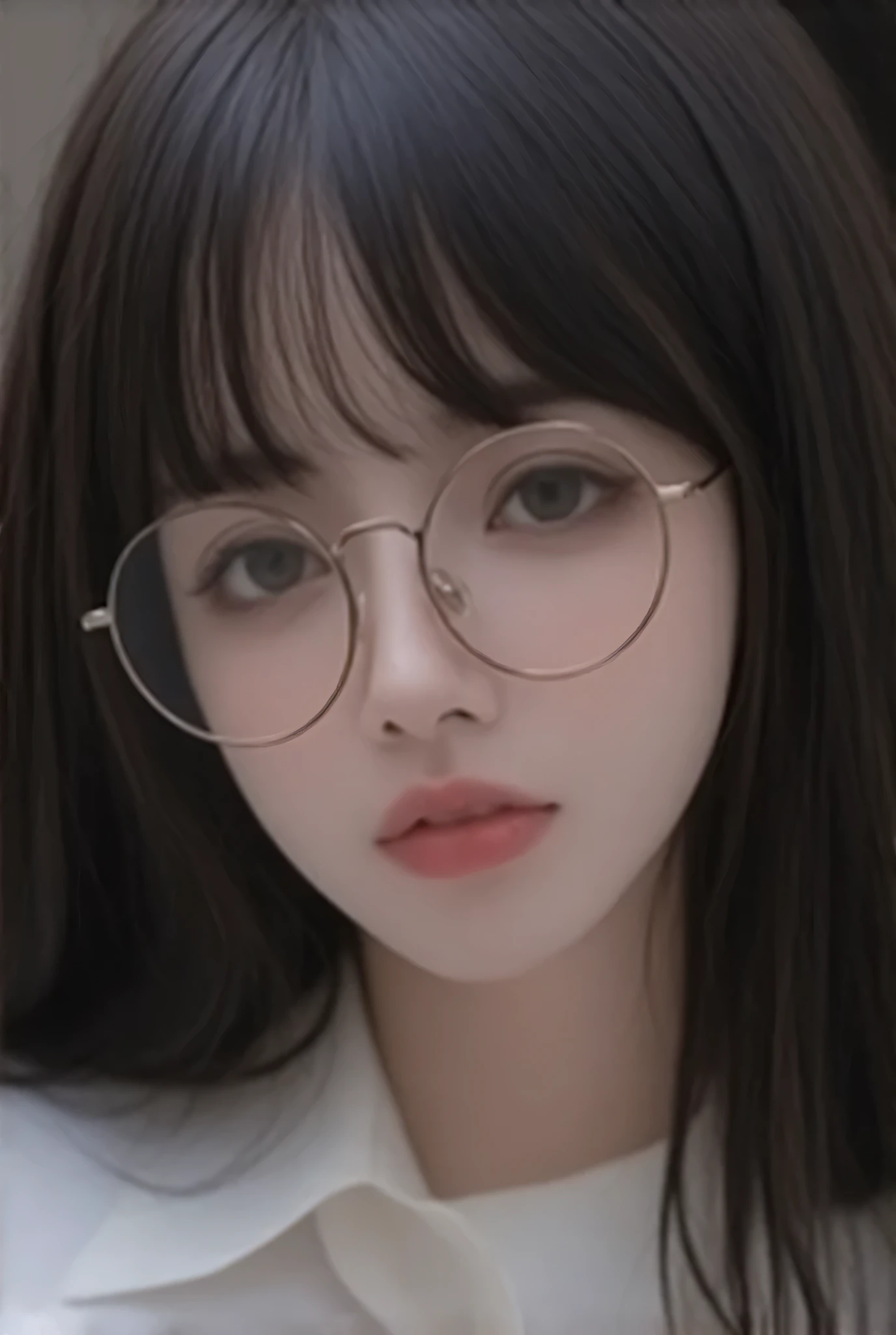 Create a hyper-realistic portrait of a young woman with delicate features. She has long, slightly tousled dark hair with soft waves, and her bangs frame her face. The woman is wearing stylish round glasses that enhance her expressive, large eyes. Her skin is porcelain smooth with a natural, subtle blush on her cheeks.

She is dressed in a modern, high-tech outfit with a high collar that has a slight sheen, combining elegance with an urban edge. The background should be a soft blur that suggests a rainy urban environment, creating a moody atmosphere. Include light reflections and drops of water to emphasize the setting. Capture the woman's contemplative expression, giving a hint of curiosity and introspection