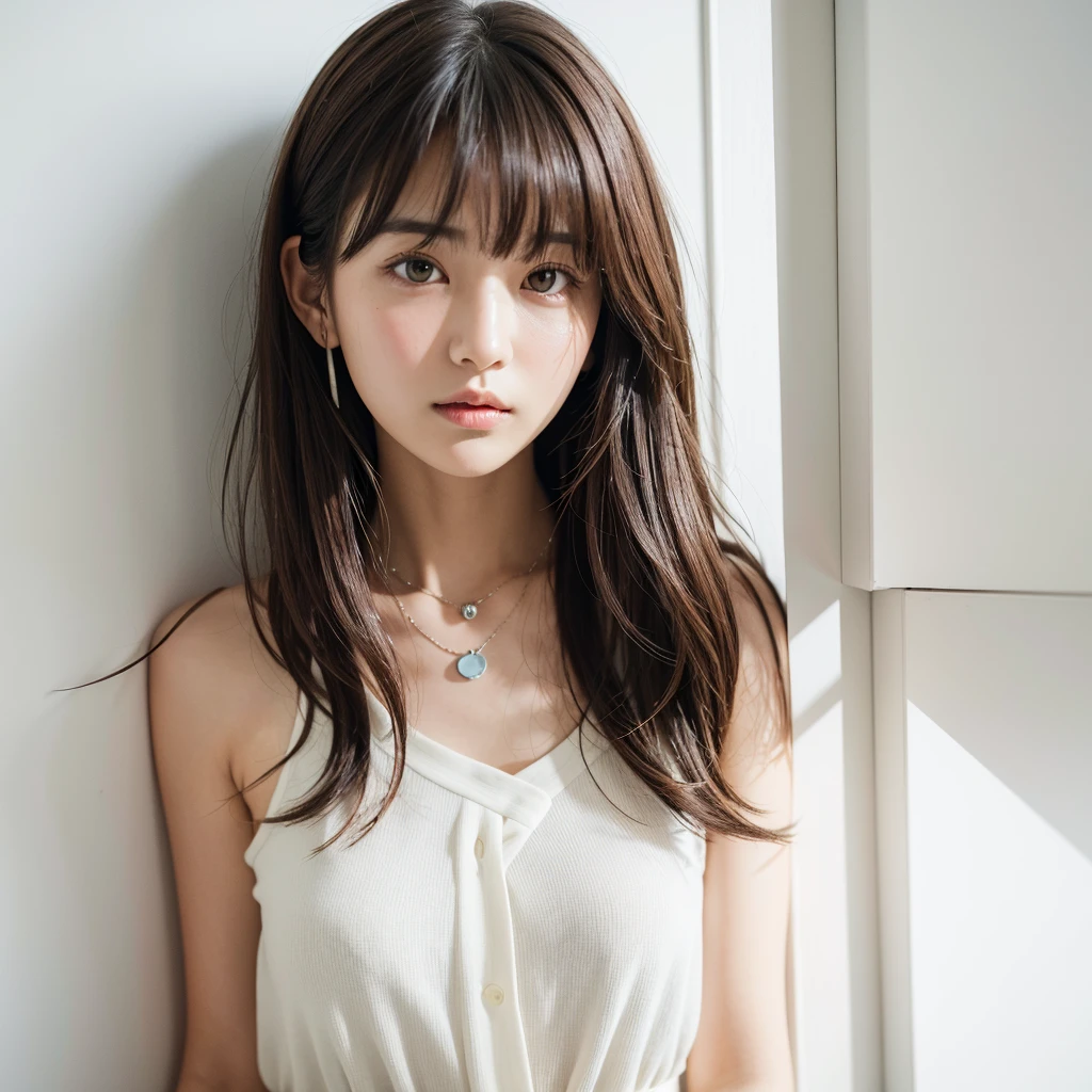  close up of a brown haired woman wearing a white shirt,  layered cut 、Above the chest - long hair ,   Medium length hair  , Curtain bang,  medium haired, with  short hair,  princess cut ,  Shoulder-length hair , 白 princess cut の髪型,   Korean symmetrical face  ,  short～ medium haired, Shoulder strap,   close up of neat hairstyle with bangs 、White wall、  in front of a white door 、((窓のあるWhite wallの部屋))、Mister...々 temporarily stop 、 simple necklace 、Don&#39;Don&#39;Don&#39;Don&#39; not looking at the camera 