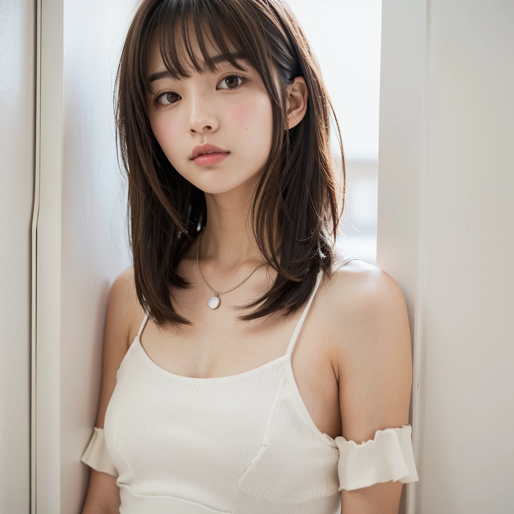  close up of a brown haired woman wearing a white shirt,  layered cut 、Above the chest - long hair ,   Medium length hair  , Curtain bang,  medium haired, with  short hair,  princess cut ,  Shoulder-length hair , 白 princess cut の髪型,   Korean symmetrical face  ,  short～ medium haired, Shoulder strap,   close up of neat hairstyle with bangs 、White wall、  in front of a white door 、((窓のあるWhite wallの部屋))、Mister...々 temporarily stop 、 simple necklace 、Don&#39;Don&#39;Don&#39;Don&#39; not looking at the camera 