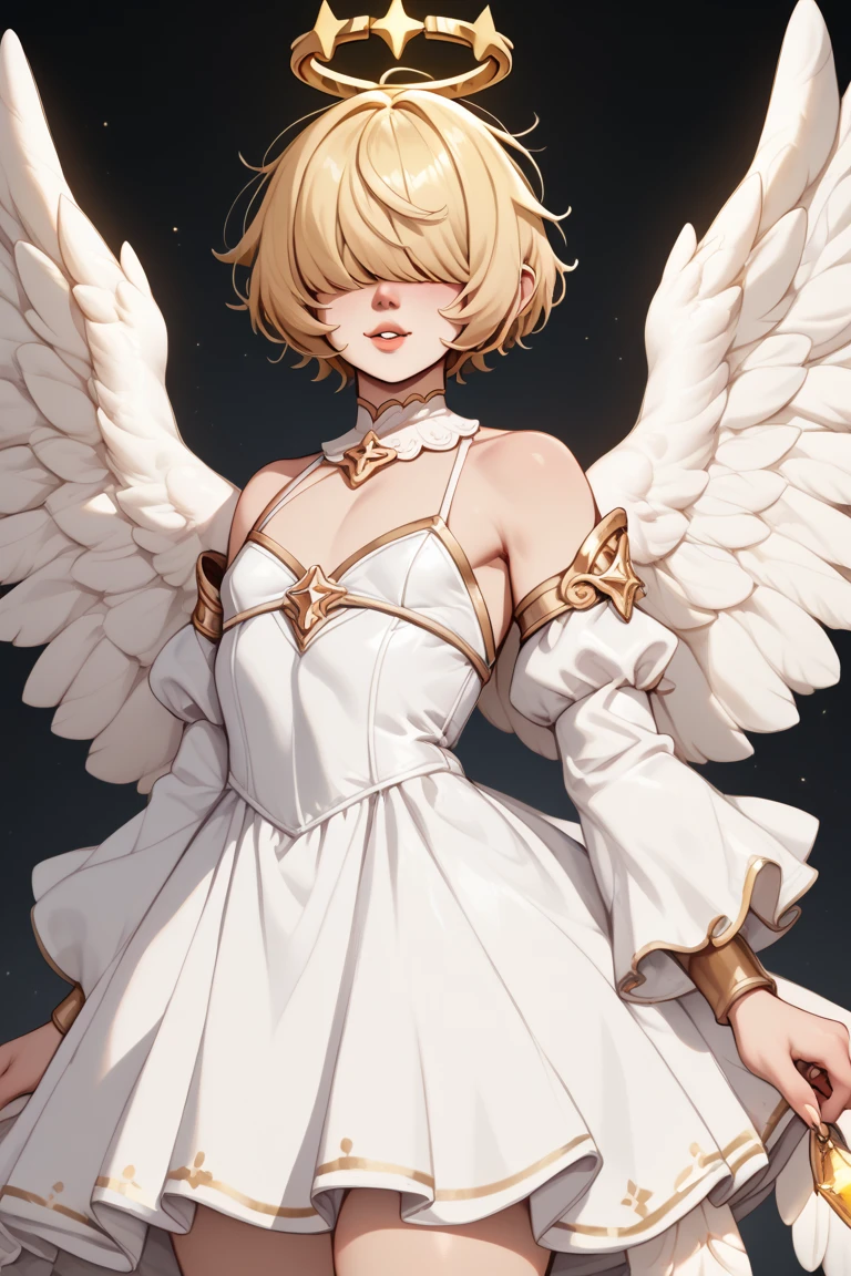 1 femboy angel, short blonde hair, bangs over eyes, little white wings, small breasts, golden halo, light white dress, rpg dungeon