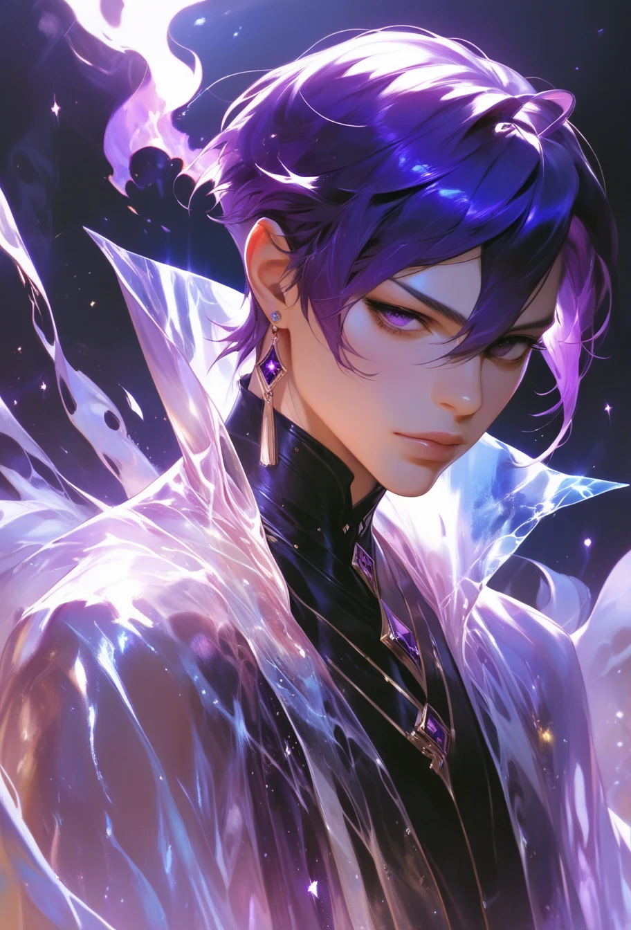 f1ora, solo, purple hair, official art, Spectral Alchemist, translucent cloak, shimmering ethereal flasks, ghostly aura, glowing mist, masterpiece, best quality, amazing quality, 