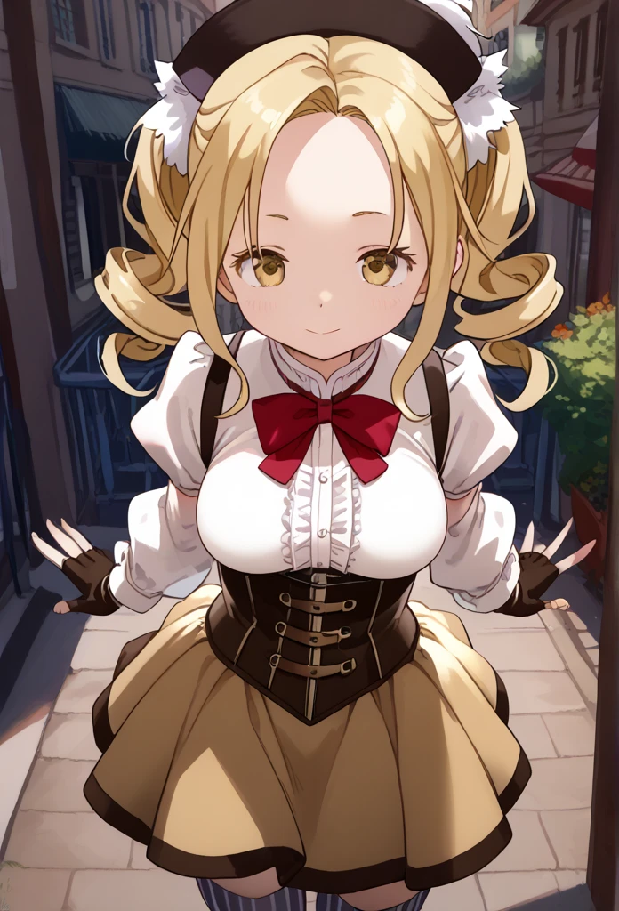 1 girl,Forehead、 big eyes、 cute face,Mami Tomoe, blonde hair, drill hair, twin drills, yellow eyes, large breasts,brown gloves, corset, detached sleeves, fingerless gloves, gloves, hat, juliet sleeves, long sleeves, magical girl, puffy sleeves, skirt, striped, striped thighhighs, thighhighs, thighs, vertical stripes, vertical-striped thighhighs, yellow skirt