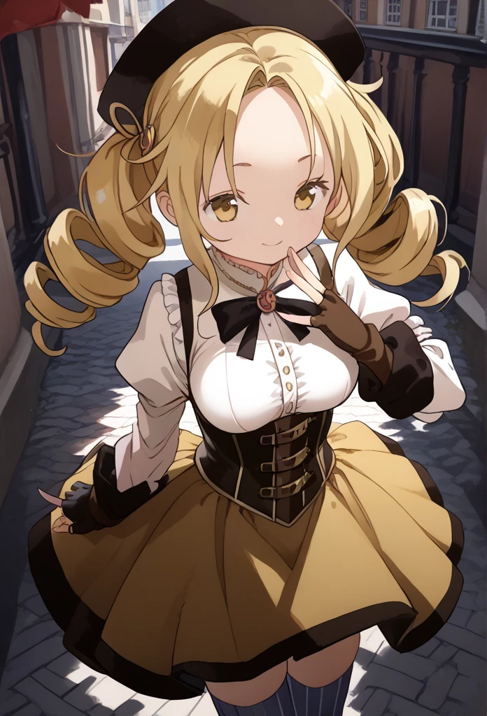 1 girl,Forehead、 big eyes、 cute face,Mami Tomoe, blonde hair, drill hair, twin drills, yellow eyes, large breasts,brown gloves, corset, detached sleeves, fingerless gloves, gloves, hat, juliet sleeves, long sleeves, magical girl, puffy sleeves, skirt, striped, striped thighhighs, thighhighs, thighs, vertical stripes, vertical-striped thighhighs, yellow skirt