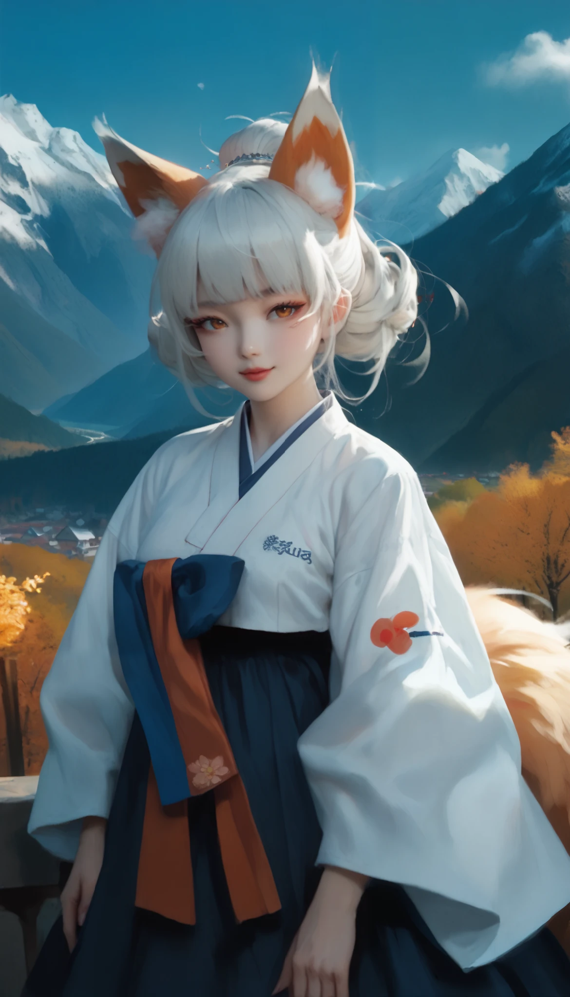 (masterpiece,  best quality :1.2), 1 woman,  alone, Gumiho, 여자 Gumiho,  Korean girl, Fox ears, fox tail, Hanbok,  white hair, In the mountains, ( huge boobs :1.4), 