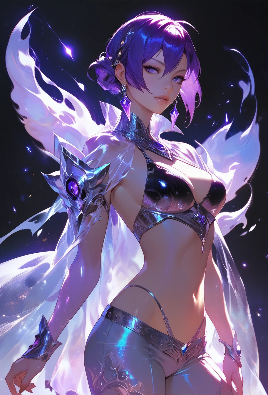 f1ora, solo, purple hair, official art, Spectral Alchemist, translucent cloak, shimmering ethereal flasks, ghostly aura, glowing mist, masterpiece, best quality, amazing quality, 