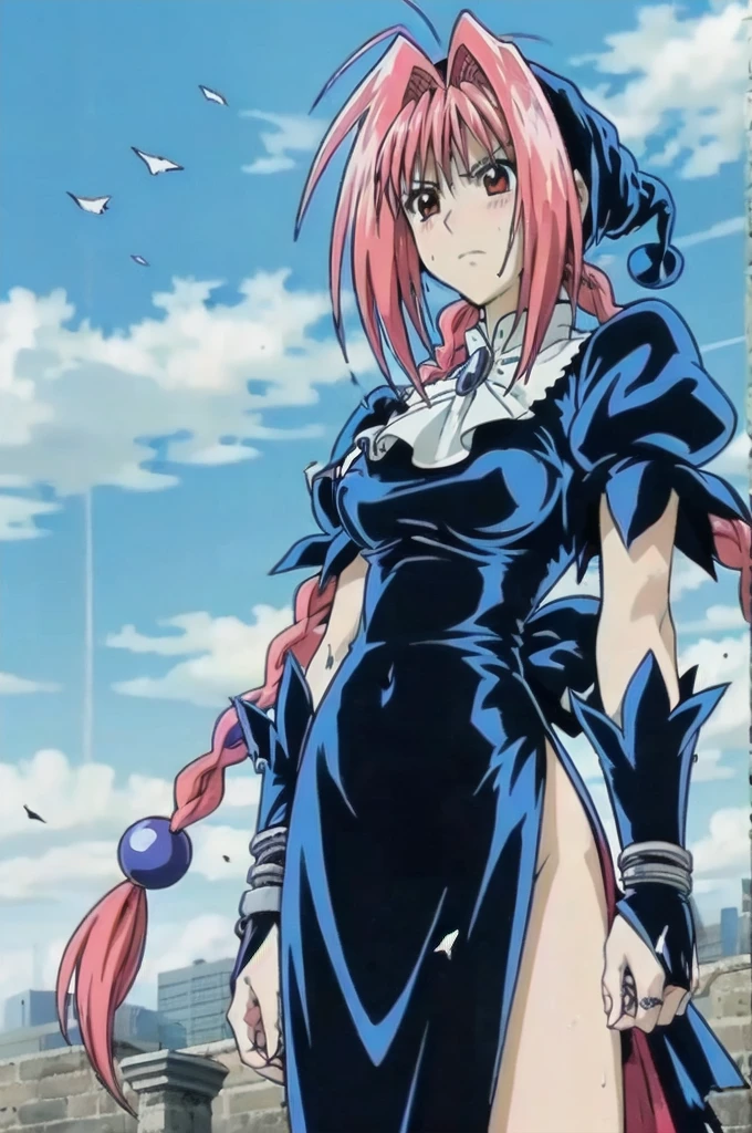 masterpiece, Highest quality,High resolution,Dorothy, Pink Hair、Bright Blue Eyes、Big black eyes、Braiding, Black Dress、Cowboy Shot、Line art、Pencil drawing、comics、alone、One、Torn clothes、tits、Large areola、Nipples