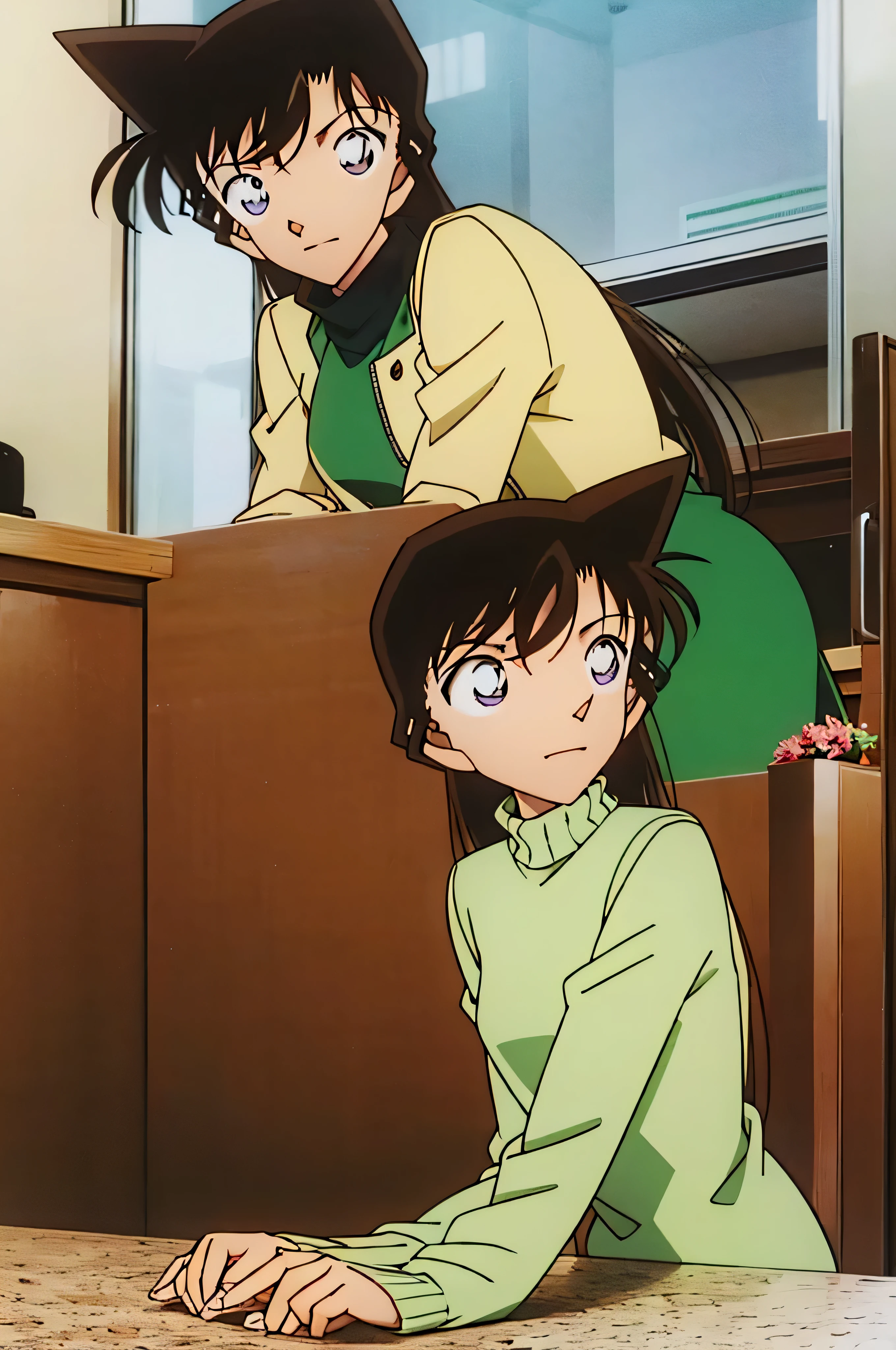 1girl、{{{mouri ran}}}, {{{meitanntei conan}}}, {{{long hair}}}, {{{official style}}}, {{{adult}}}, tight green dress (turtleneck, simple, long sleeves) 、 (light green cropped short jacket), green socks,kitchen,bringing upper body to the sink, open, leaning forward, emphasizing the buttocks, butt to the front