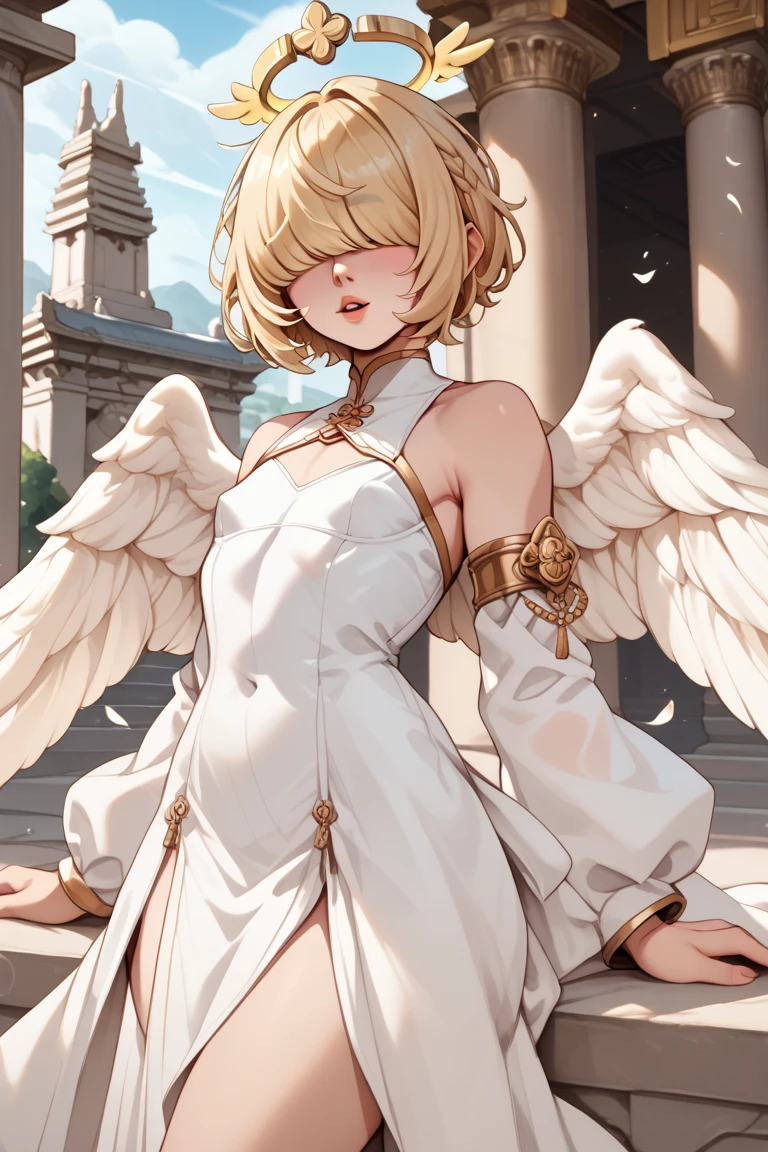 1 femboy angel, short blonde hair, bangs over eyes, little white wings, small breasts, golden halo, light white dress, temple of the goddess