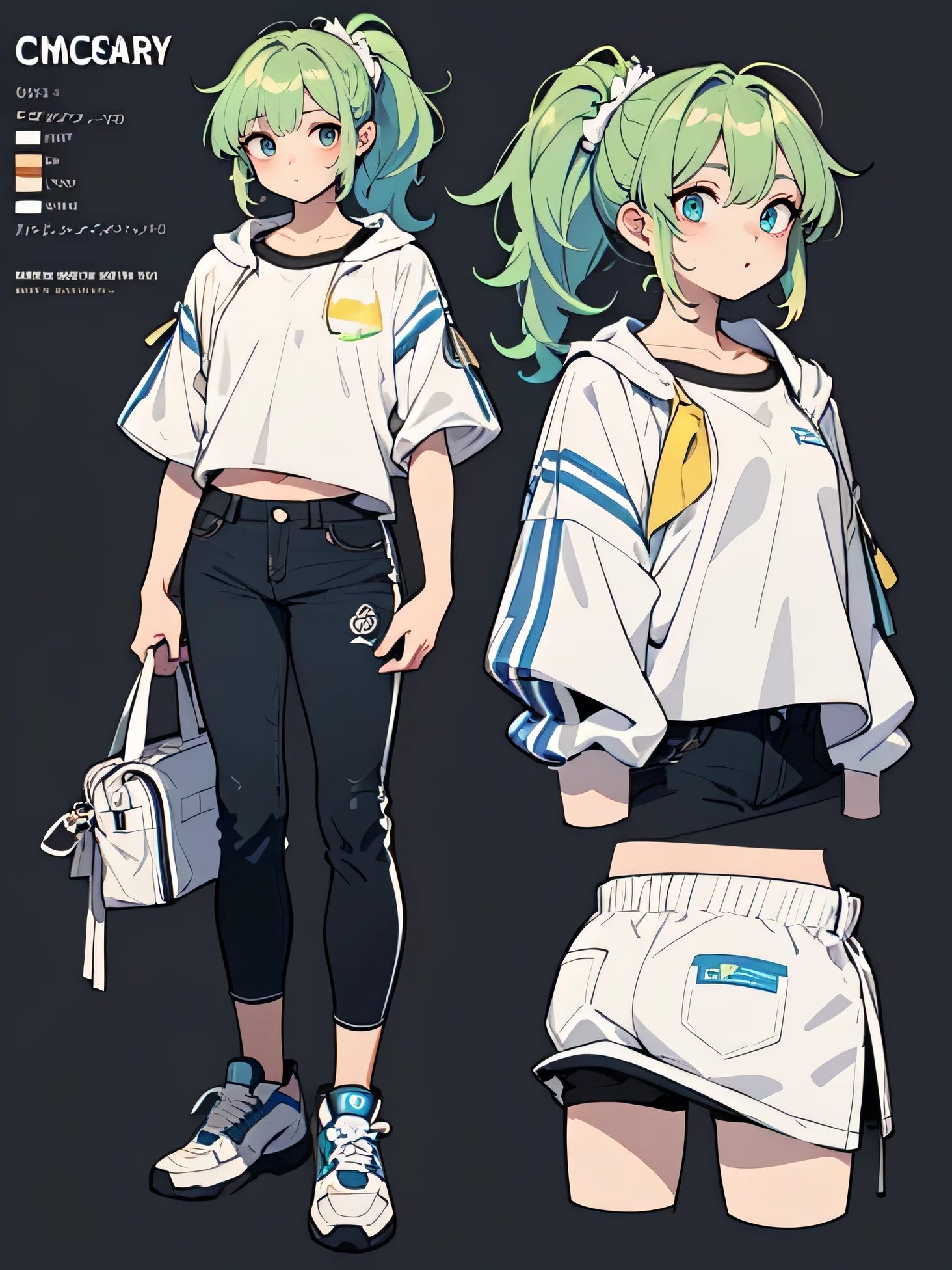 long lashes, Chuckling, drooping eyes, Green Hair, male, Full body design , conceptual art , character design , Anime Art, private server , Sports shoes, Stylish, Sporty, jeans, tight top , Ponytail, Surrealism , drop shadow, Relief, stereogram, Standing picture, Throw, atmospheric perspective , simple background , modern style , 8K, super detailed , best quality