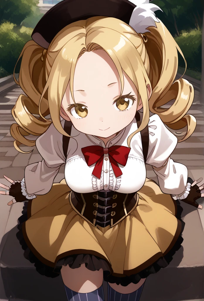 1 girl,Forehead、 big eyes、 cute face,Mami Tomoe, blonde hair, drill hair, twin drills, yellow eyes, large breasts,brown gloves, corset, detached sleeves, fingerless gloves, gloves, hat, juliet sleeves, long sleeves, magical girl, puffy sleeves, skirt, striped, striped thighhighs, thighhighs, thighs, vertical stripes, vertical-striped thighhighs, yellow skirt