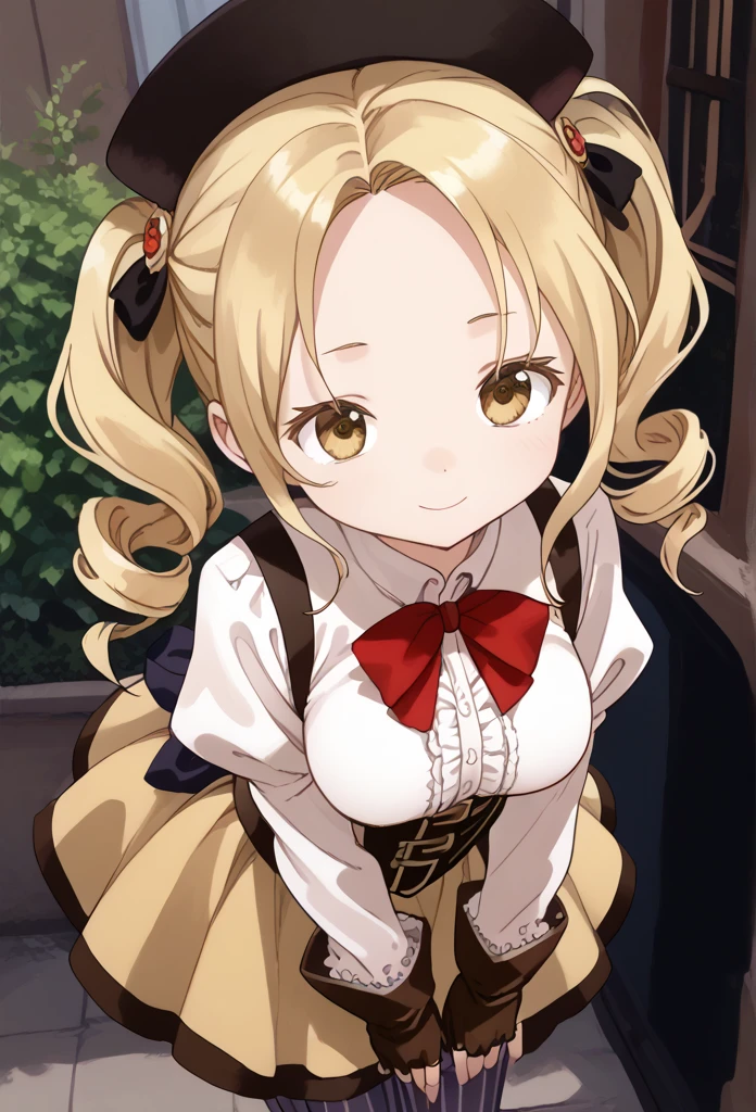 1 girl,Forehead、 big eyes、 cute face,Mami Tomoe, blonde hair, drill hair, twin drills, yellow eyes, large breasts,brown gloves, corset, detached sleeves, fingerless gloves, gloves, hat, juliet sleeves, long sleeves, magical girl, puffy sleeves, skirt, striped, striped thighhighs, thighhighs, thighs, vertical stripes, vertical-striped thighhighs, yellow skirt