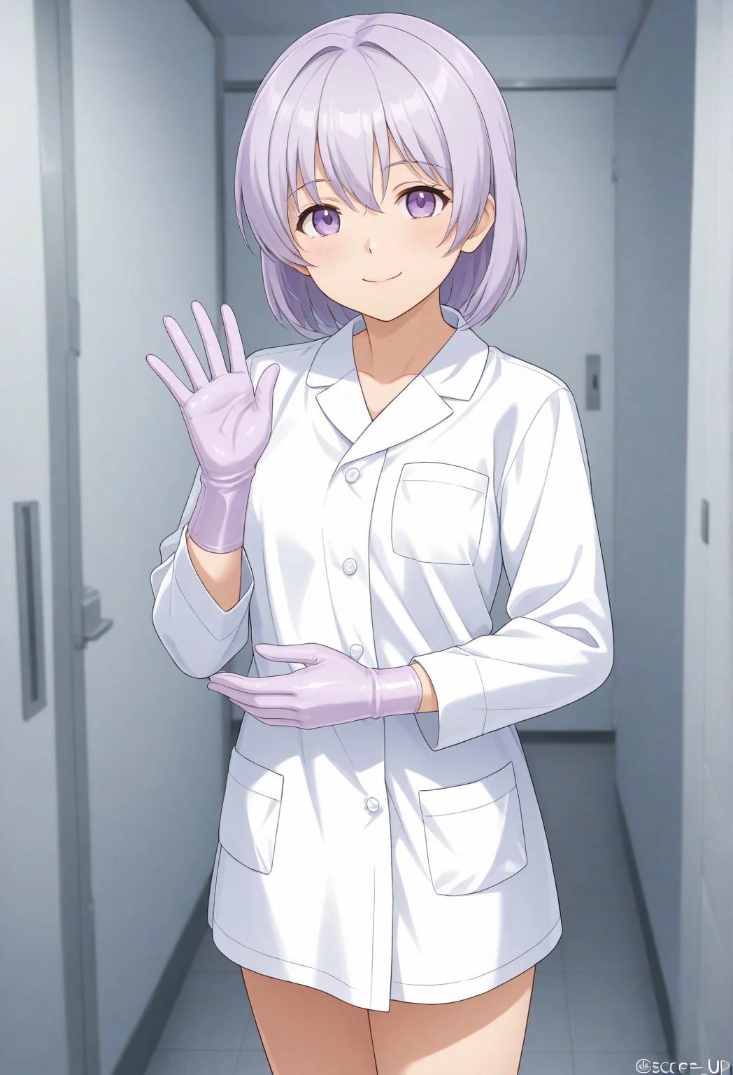  1 girl, anime,  natural smile  , ((light purple gloves)), ((Tight surgical gloves )), ((  latex gloves  )),  Other clothing is not made of latex, ((Doctor Clothes )), ((  Long Sleeve  )), Hands raised to the viewer ,   is standing, Alone, Realistic physique,   anatomically correct fingers , The correct number of fingers