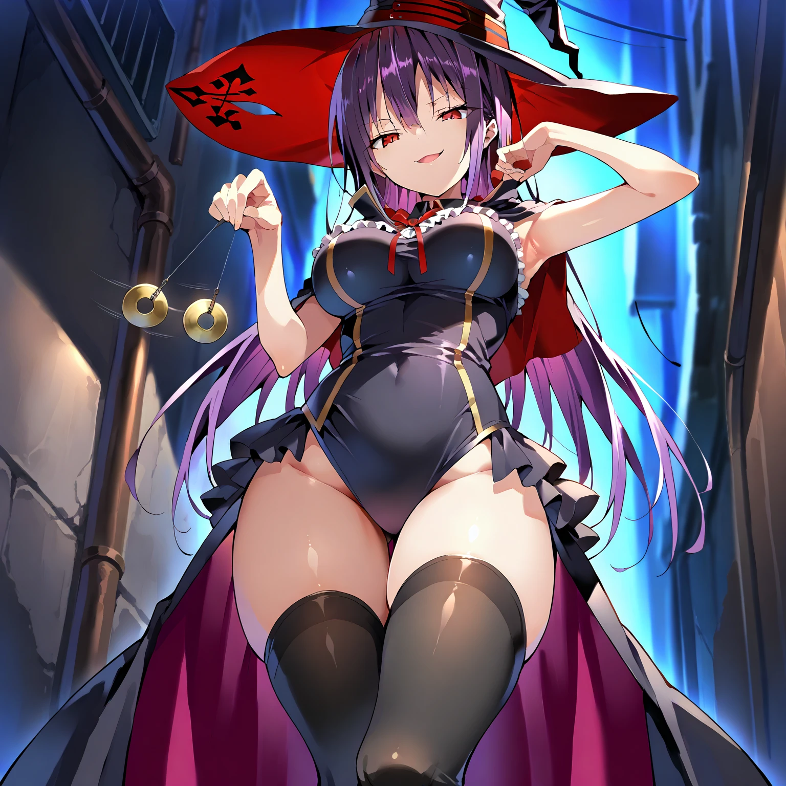 score_9, score_8_up, score_7_up, 1girl and 1 boy, seduce, seductive, girl (looking_down), thighhighs,
breasts, medium breasts, maximum 5 fingers,
blurry background, in an alley at night, she is holding a pendulum in one hand \(hypnotist holding a pendulum\), ((holding pendulum)), holding string, perfect hands, one hand up, open mouth, (girl) smirk, (bare hands), standing, contrapposto, masterpiece, high quality, absurd resolution, beautiful hands, thick thighs,
takamine, red eyes, purple hair,
black witch costume, sleeveless, frills, showgirl skirt, armpit focus,


