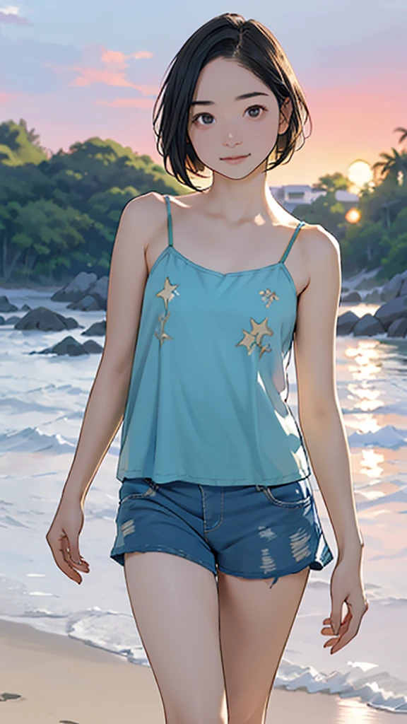 anime illustration, ((((highest quality)))), (((Ultra-precision CG 16K))), (((masterpiece))), BREAK skinny body, slender waist, medium Breasts, (((perky breasts))), ((sagging breasts)), (covered nipples), (((tanned skin, tan lines))) , BREAK ( smiling, blush, determined expression, sweaty , Heavy breathing, embarrassed, ) , (natural make), BREAK narrow eyes, (streaked hair, hair intakes, colored inner hair, ) BREAK (((wearing printed oversized clothing , wearing wide-leg-pants, breasts is covered by outfit, (detailed panty), Narrow aisles,))) , wearing earrings , BREAK ( stick breast out, bending over, all four, )) BREAK (( ripples , horizon , under the cosmic sky on the cosmic sea , cosmic effects)), (((close-up of face, bust-up shot, looking at viewer, ))), BREAK ((cinematic , from behind , from below , (Distant view, Panorama), looking at viewer, )) , pinup magazine pose,
