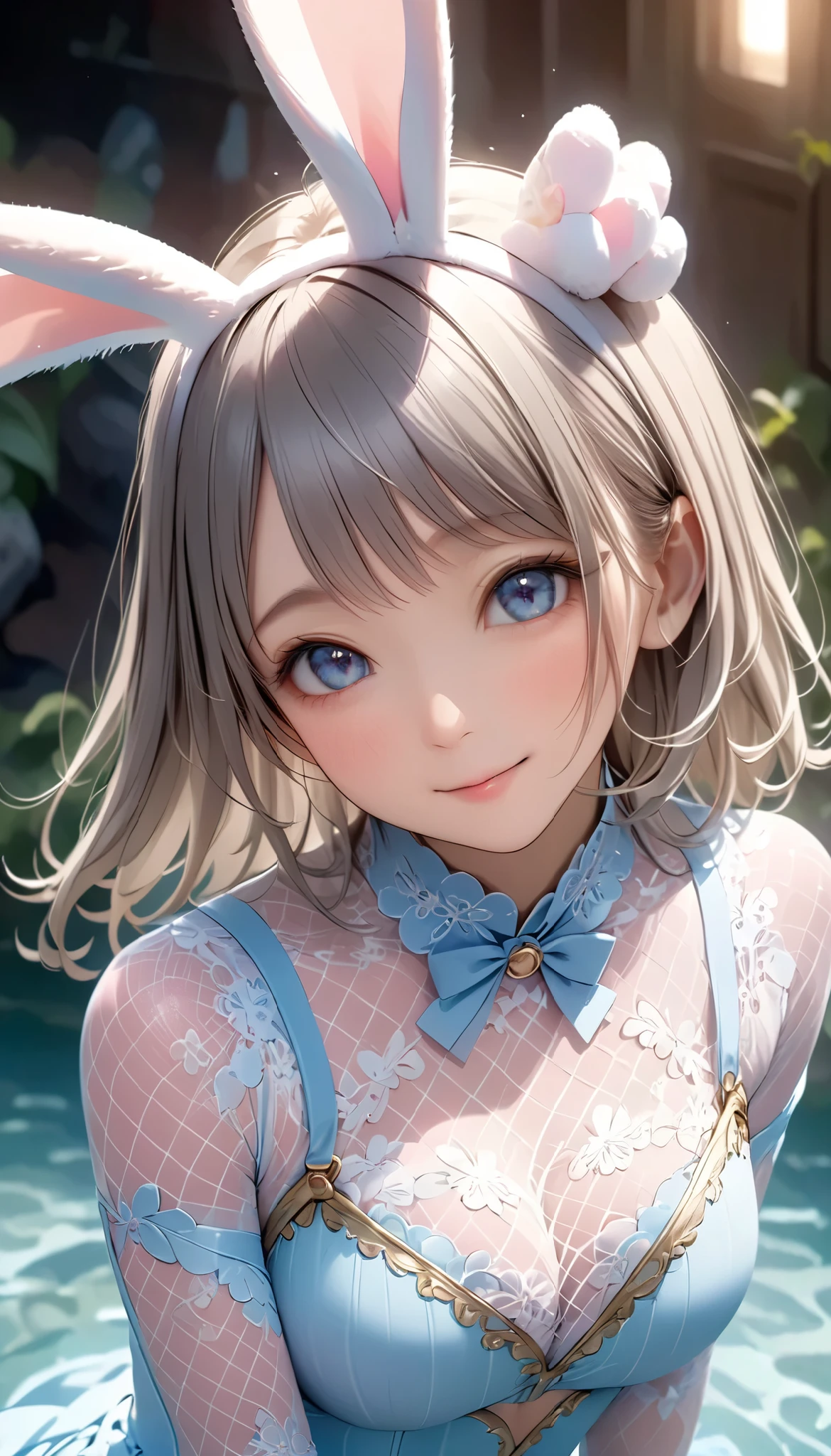 Cute Bunny Girl、 small face, Sexy Poses、 cute smile inside the Kyoden:1.2、 High Quality 、 detailed anatomy 、 TIGHT BODYSUIT 、 pastel colorsレオタード、 has a gold border sexy underwear 、Delicate mesh、 rabbit ears、 functional、 photorealistic:1.37、8k、 intricate details、Gross、Smooth Skin、 dynamic poses、 dramatic lighting、 pastel colors、 soft focus、 elegant 、Charming