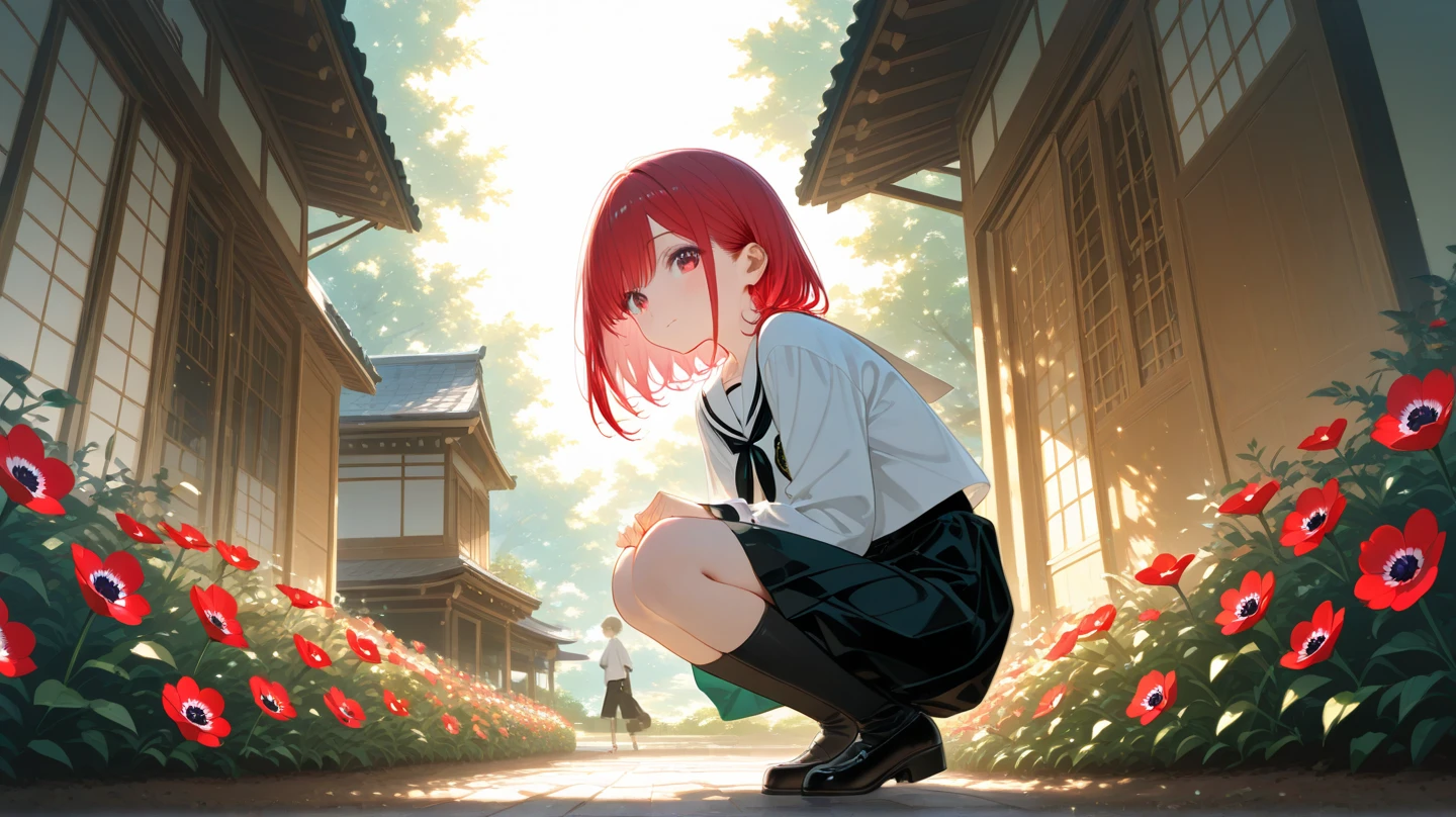 Top quality. A masterpiece. A Japanese house from the Showa era. A small garden. Various kinds of flowers blooming in abundance. One bright red anemone stands out. Two elementary school boys. Crouching down to look at the garden. Their eyes are filled with curiosity and admiration. They gaze at the anemone. Warm sunlight filtering through the trees. The vivid colors of the flowers. The boys' simple expressions. A quiet, nostalgic scene.