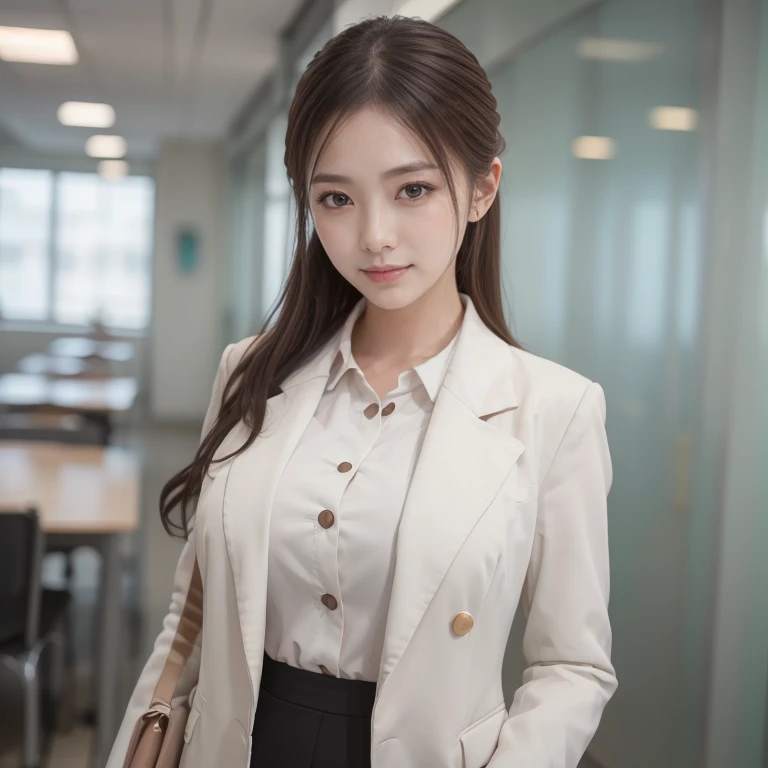 最 High Quality , Masterpiece,  1 girl,  beautiful faces, ( photo realistic photo:1.3),  rimlight, ( meticulous skin:1.2),  8K ultra HD,  DSLR ,  High Quality ,  high definition, 4K, 8k, Bokeh, (Genuine: 1.3), Small face,  Cute Girl ,   Black Formal Blazer ,  middle breasted,  short skirt, office,(((canteen)))