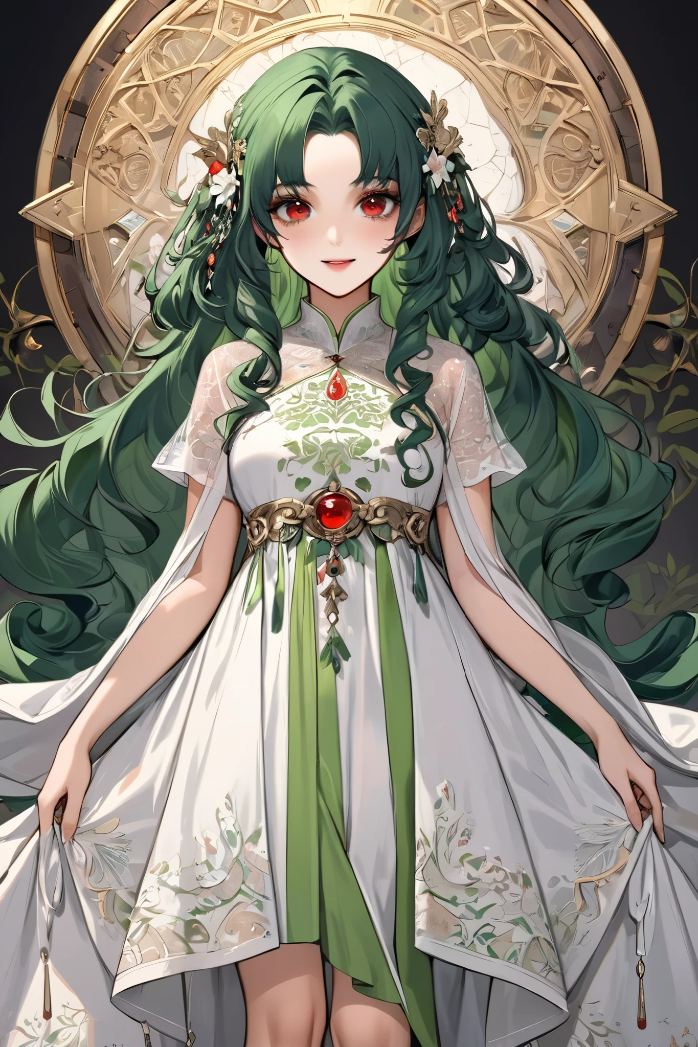 (extreamly delicate and beautiful:1.2), 8K,(masterpiece:1.0),(best_quality:1.0), 1 girl, and intricate detailing, Enlarged textures, and intricate detailing, finely eye and detailed face, and intricate detailing, green long curl hair, (sweet smiley), Perfect eyes, Equal eyes, red eyes (A famale god) with yunani dress, look at camera, green long HAIR, Red EYES, green long curl HAIR, red EYES, Full body, with yunani dress, no hairpin