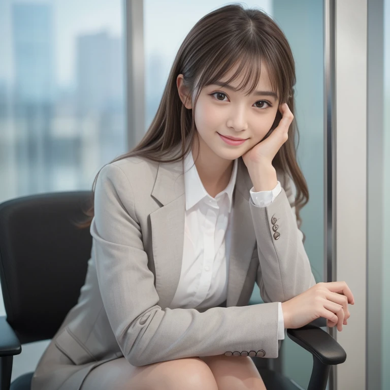 （ one girl:1.2），(8k,  top quality, Masterpiece), ( realistic,  photorealistic:1.37),  very detailed,  adorable, Alone, 可 adorable日本人女性,  brown hair on one woman,With bangs, curly, Shoulder hair,  beautiful and delicate eyes,The eyes tell the story of a smile， Moisturize Your Skin  , detailed background、Grey suit、 shortcut、Expectations、I'm sitting in an office chair in the conference room 、 in the background