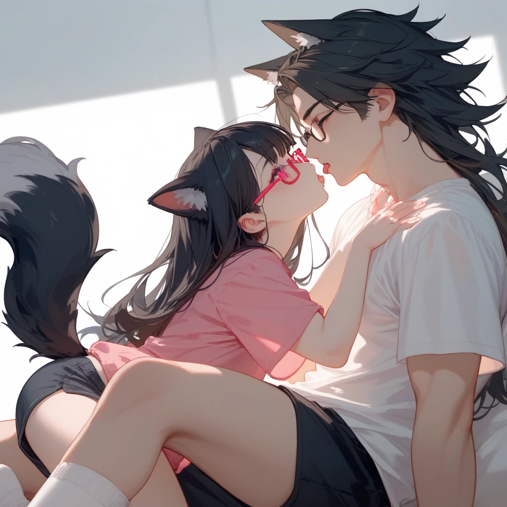 A short blonde cat girl with pink eyes, long hair with a long oversized pink shirt with short sleeves and long white and pink knee high socks, kissing a tall muscled white black haired guy with wolf ears, black wolf tail, glasses, one eye red and the other one green yellowish, wearing black baggy clothes, hir hair is black and long and he holds some of it in a little ponytail, and they're cartoons