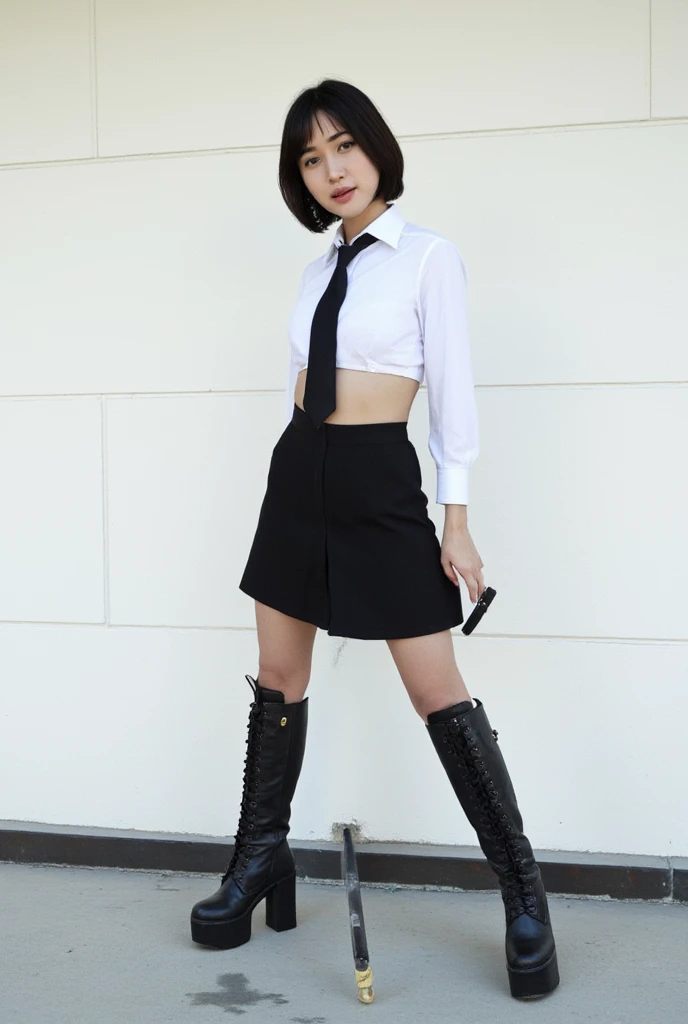 Japanese Culture Style, Neo Photorealistic Art, Emotional Photos, 35mm film, Young Japanese Woman, Black short hair, Platform thigh boots, white shirt, black tie, Stockings, Standing, A Japanese sword is stuck into the ground, smoking, simple background