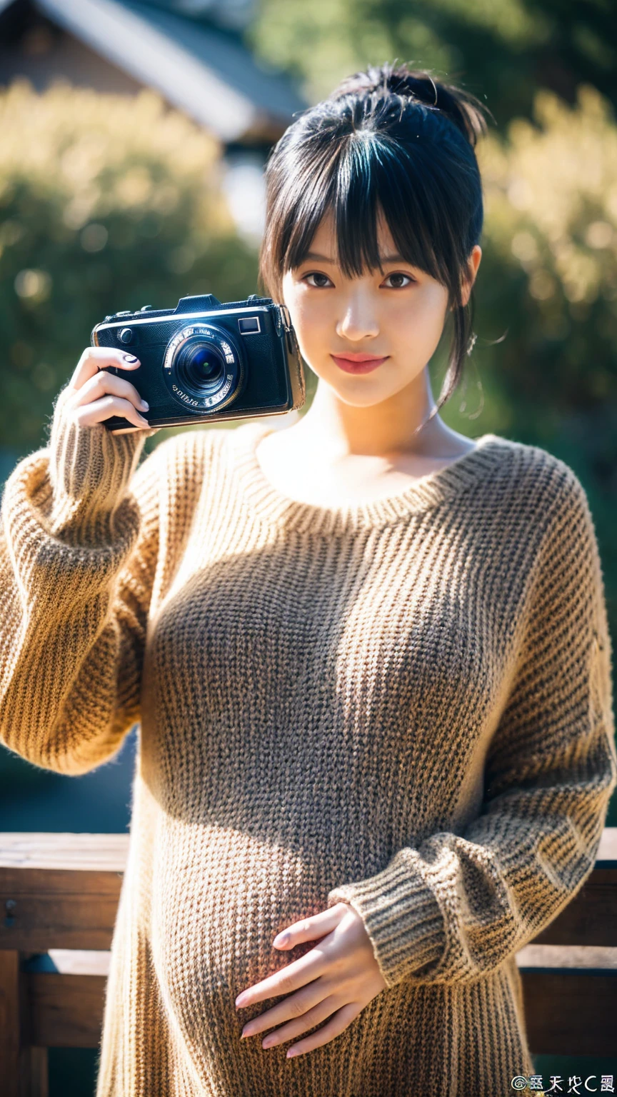masutepiece, Best Quality, 8K,looking at the viewer,Japanese Lady,20 years old ,huge-breast, huge pregnant, Voluptuous, sweater, holding a modern camera take picture to the audien