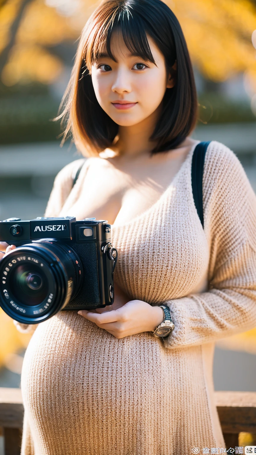 masutepiece, Best Quality, 8K,looking at the viewer,Japanese Lady,20 years old ,huge-breast, huge pregnant, Voluptuous, sweater, holding a modern camera take picture to the audien