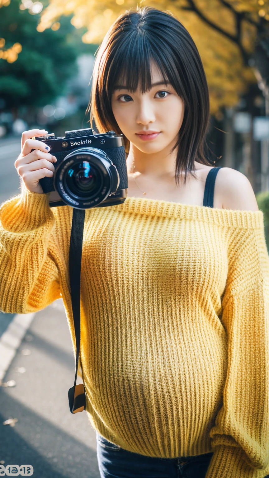 masutepiece, Best Quality, 8K,looking at the viewer,Japanese Lady,20 years old ,huge-breast, huge pregnant, Voluptuous, sweater, holding a modern camera take picture to the audien