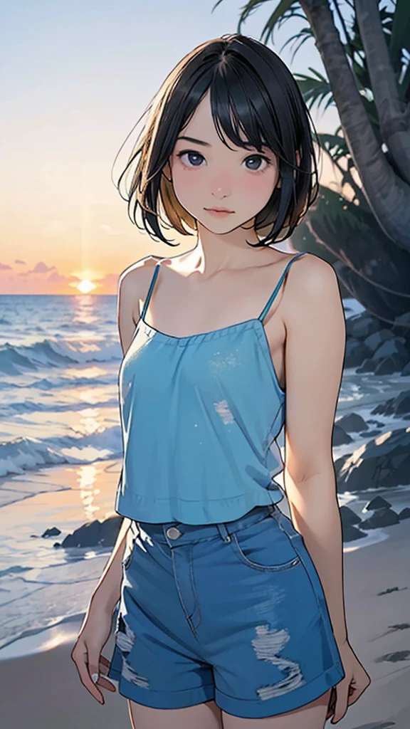 one girl, (12years old:1.4),(Very Young Face),(Japanese famous idol), cute face, ash gray hair:1.5, bob hair, short hair, camera's line of sight, small breasts, An ennui look, (((camisole, dress))) , particles of light, sea of ​​sunset, calm sea, white sand beach, very beautiful sunset, RAW photo, highest quality, High resolution, High resolution, masterpiece:1.3, 8k, 12k, professional photographer,((Extremely precise and accurate anatomy:1.0)),Kind eyes,Graceful pose,(Beauty of form:1.4) Golden ratio, big eye,(nature's providence:1.4),