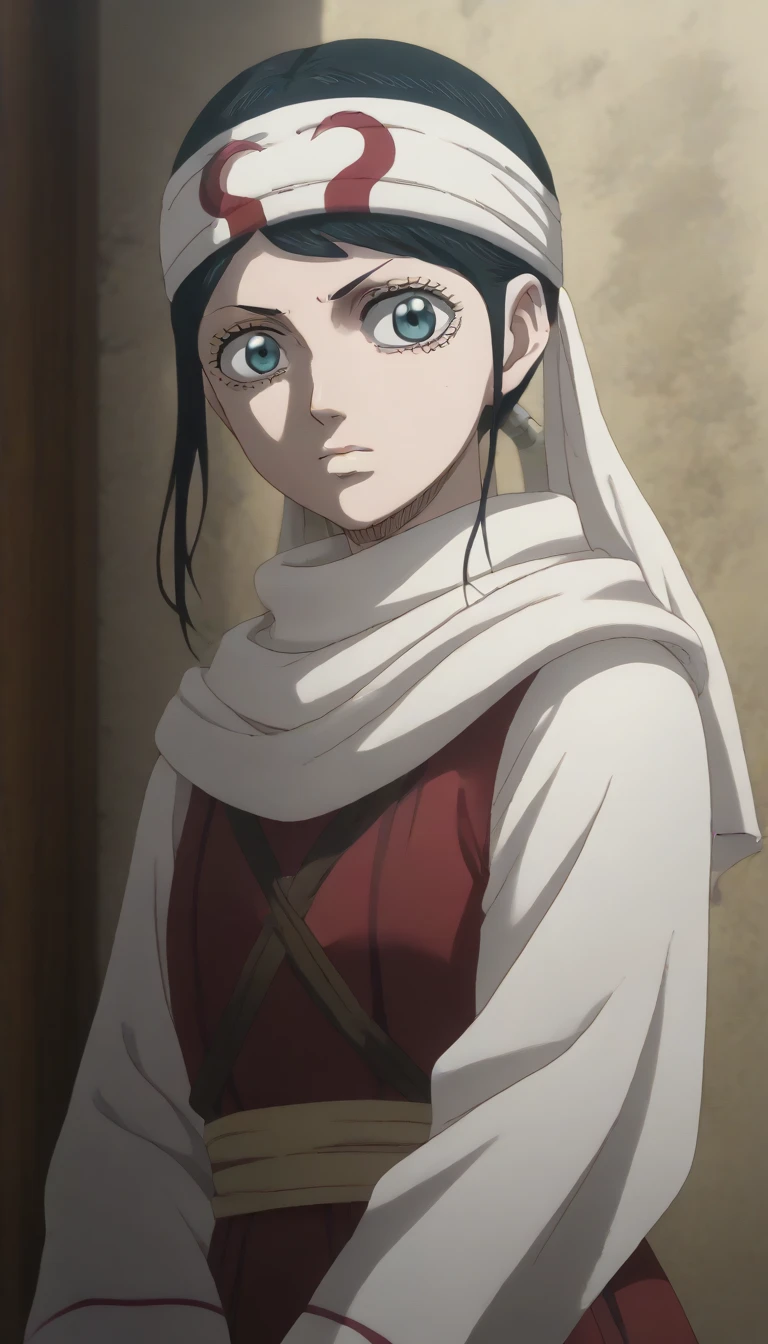 black hair blue eyes black clover ((((Lily Aquaria))))  eyes score_9, score_8_up, score_7_up, 1girl, kyoukai cowl (((headband))) body guard v arms   oval face 