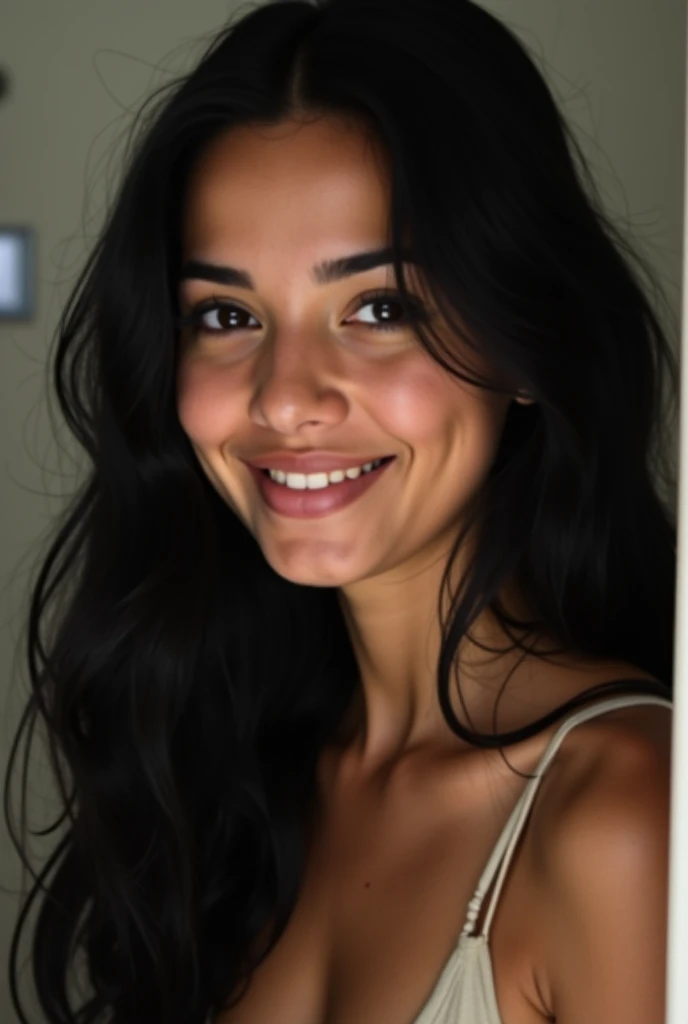 30 year old lady, Shot in the chest, eyes black, Bblack hair, warm background, pretentious smile, having sex