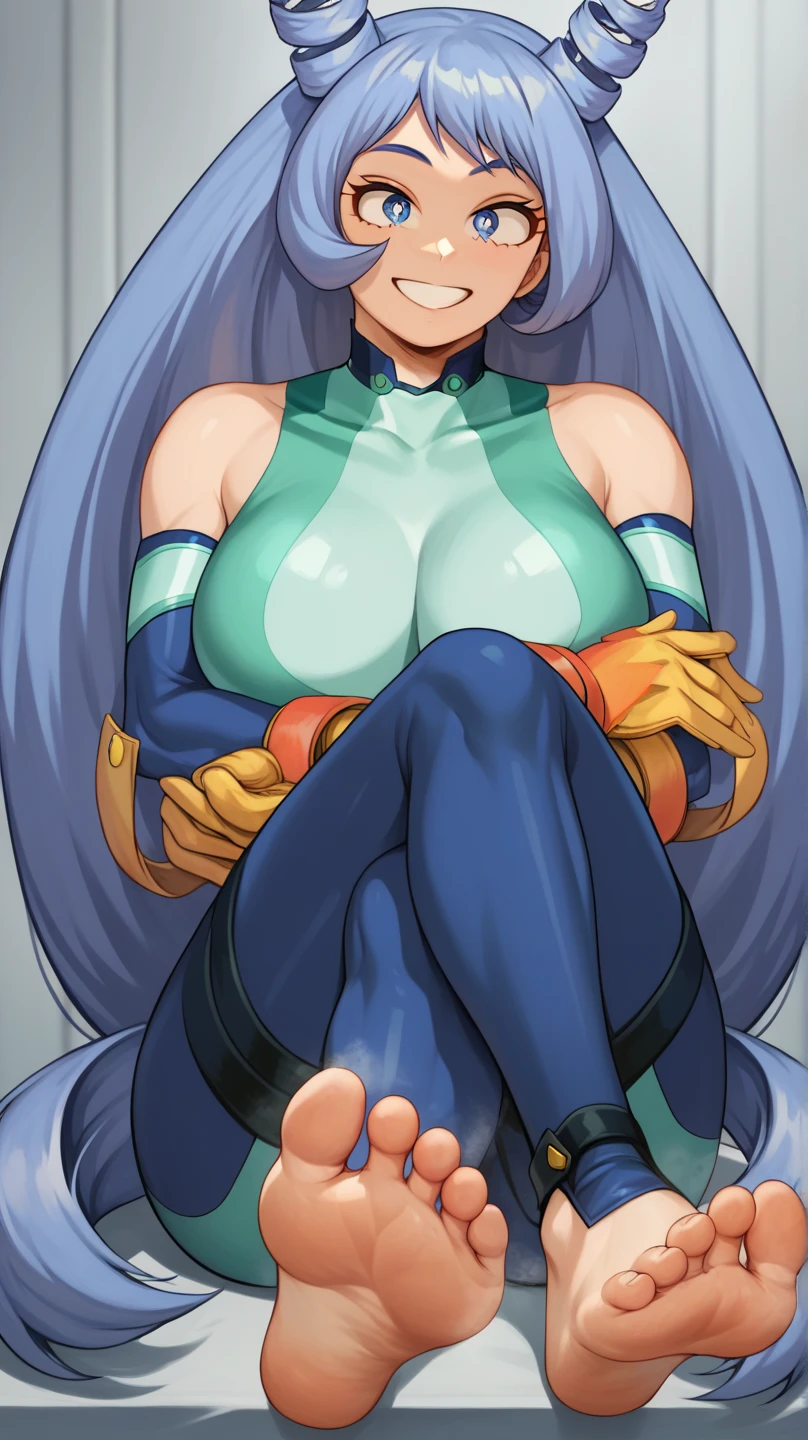 score_9, score_8_up, score_7_up, score_6_up, score_5_up, score_4_up, source_anime, top quality , masterpiece, 1 woman, (nejire hadou, blue eyes, blue hair, long hair, smile, blue bodysuit, bodysuit, drill hair, gloves, green bodysuit, multicolored bodysuit, multicolored clothes, yellow gloves) , she&#39;s worth it , ( thick shoulders:1.3), huge breasts,Crossed arms,Crossed legs,sitting on a chair,Soles of the feet,Close-up of the sole of the foot,Smelly feet,